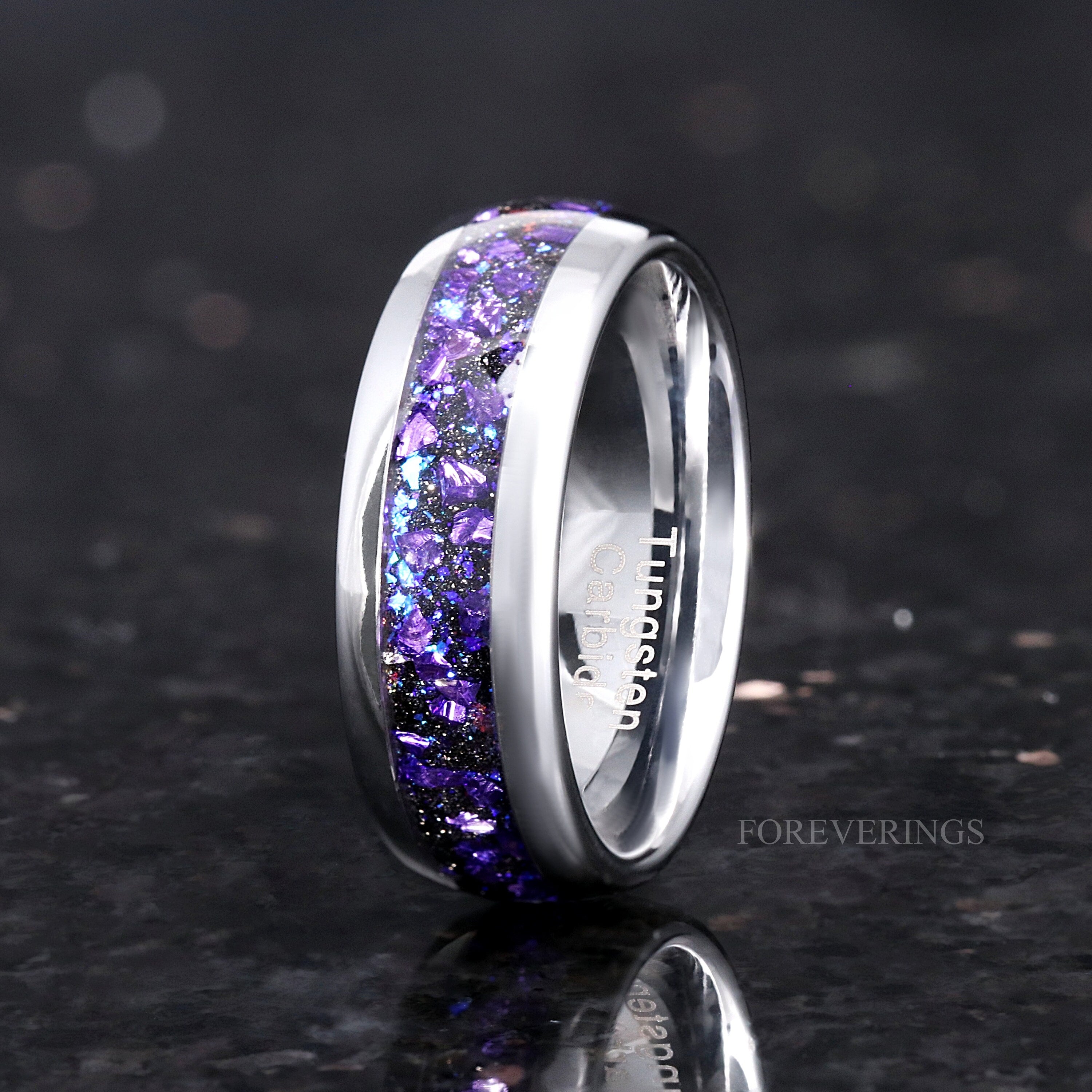 Crab Nebula Ring, Alexandrite, Silver Tungsten Outer Space Ring, 8mm-6mm-4mm Wedding Band, Dome, Polish, Purple Sandstone, Ring Engraving