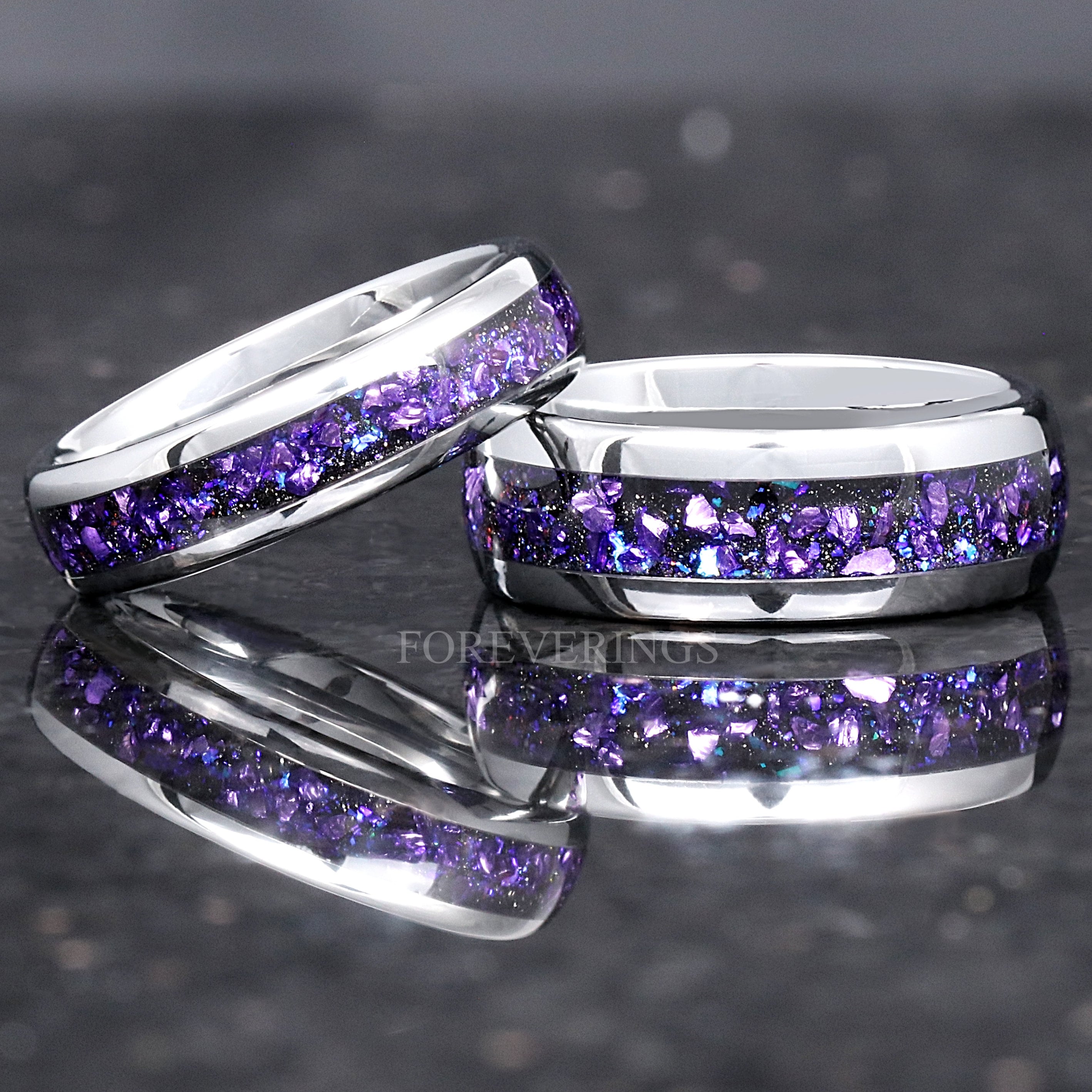 Crab Nebula Ring, Alexandrite, Silver Tungsten Outer Space Ring, 8mm-6mm-4mm Wedding Band, Dome, Polish, Purple Sandstone, Ring Engraving