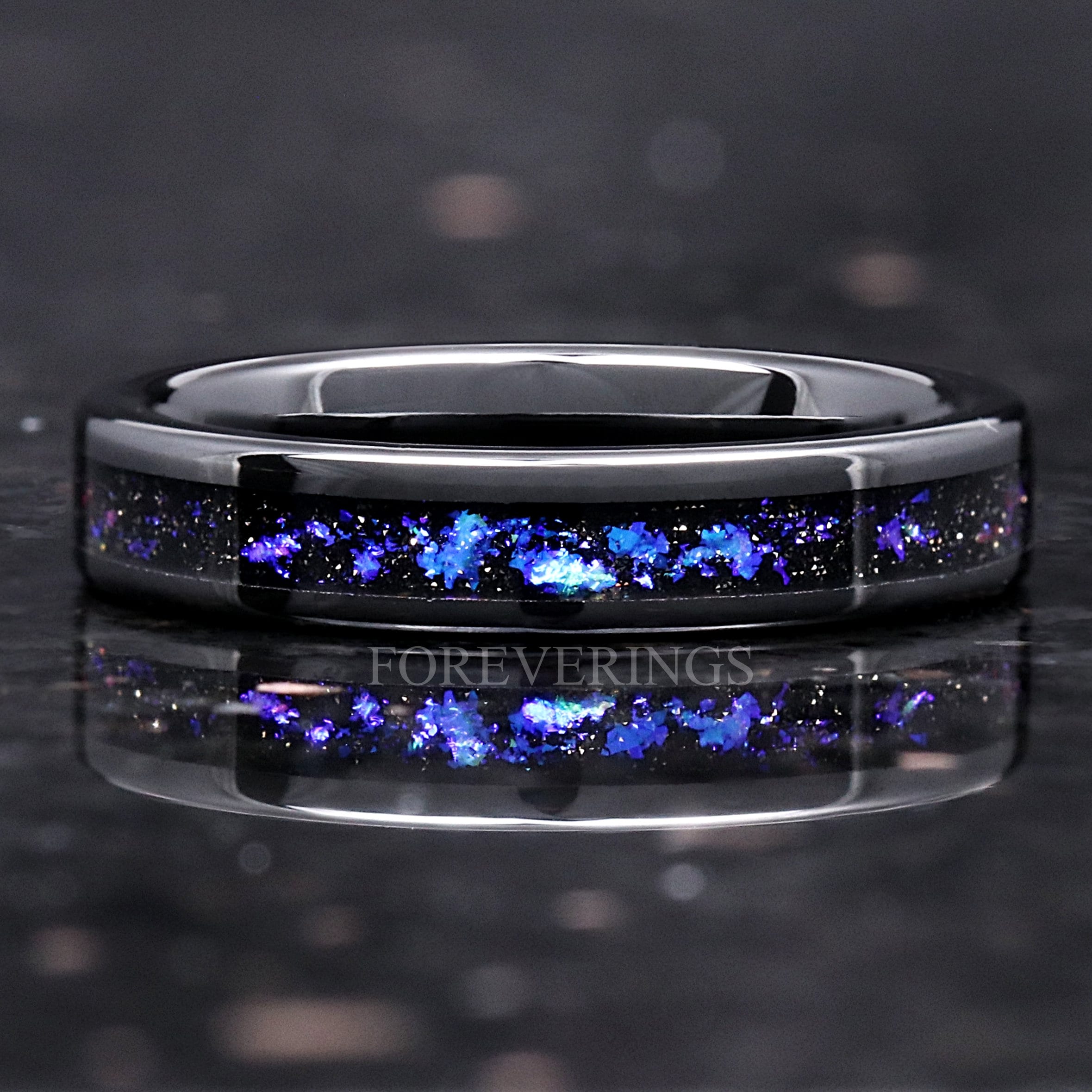 Orion Nebula Ring Black Ceramic Wedding Band, 4mm Outer Space Ring, Women Men Ring, Flat, Unique Wedding Band, Blue Nebula, Ring Engraving