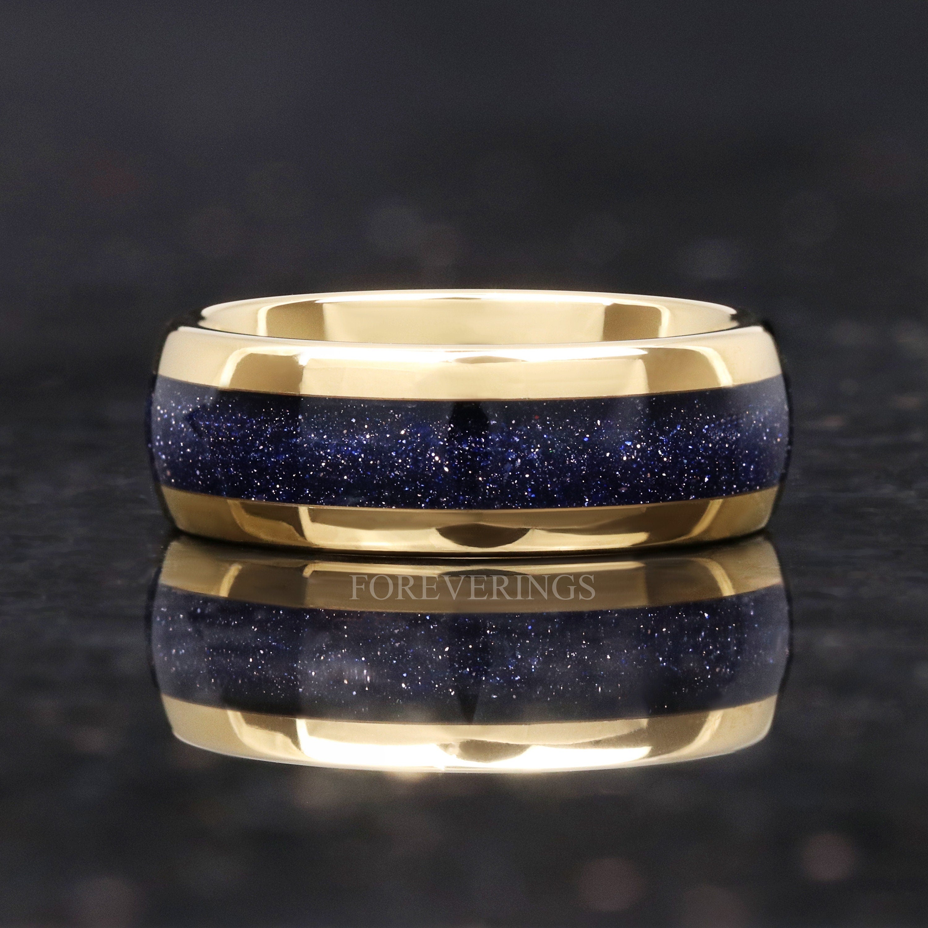 Great Rift Nebula Gold Tungsten Ring, 8mm-6mm-4mm Wedding Band, Outer Space Ring, Dome, Polish, Man Woman Gift, Blue Sandstone Ring