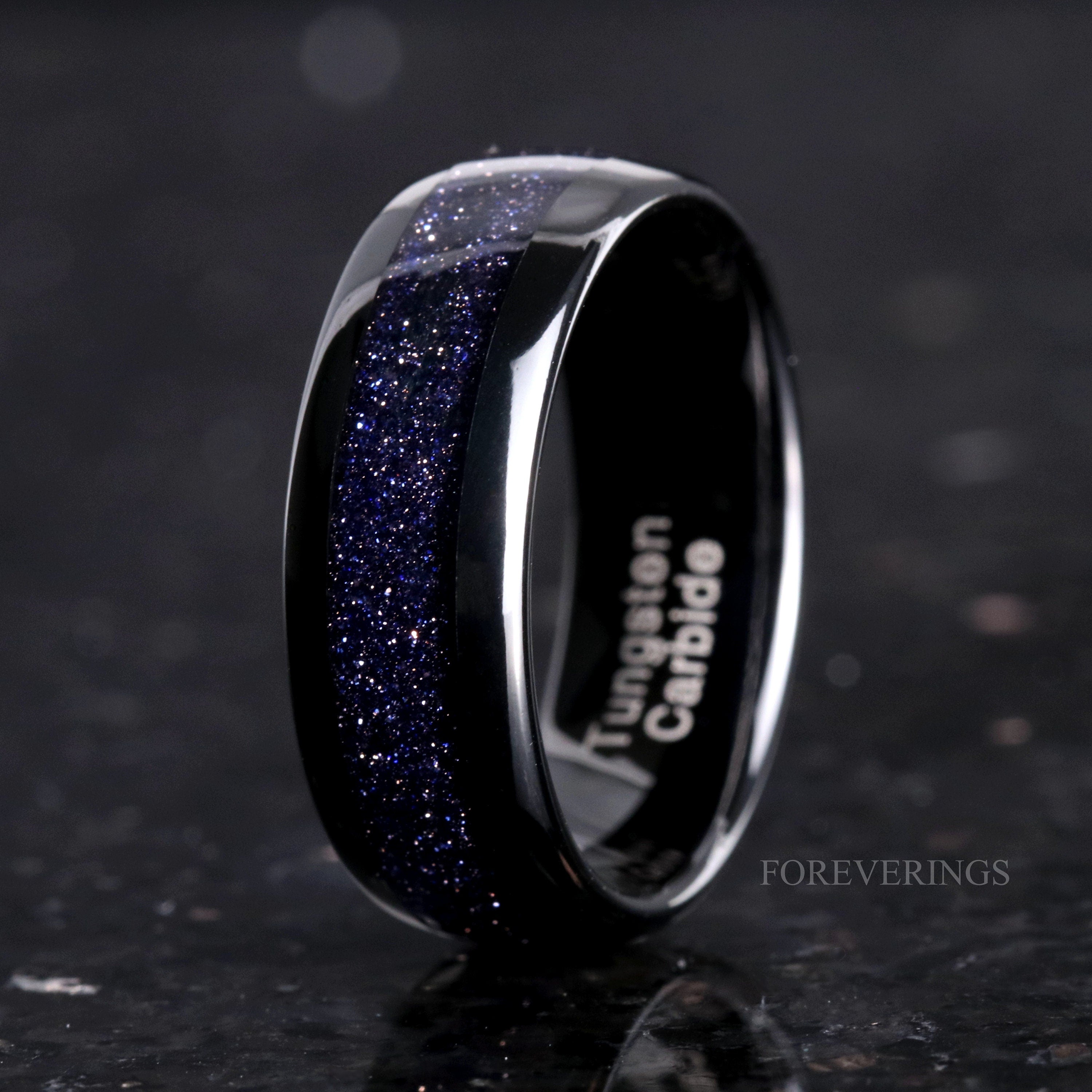 Great Rift Nebula Ring Set, His and Her Wedding Band, Black Ring, Space Couple Ring, Black Tungsten and 925 Sterling Silver, Black Sandstone