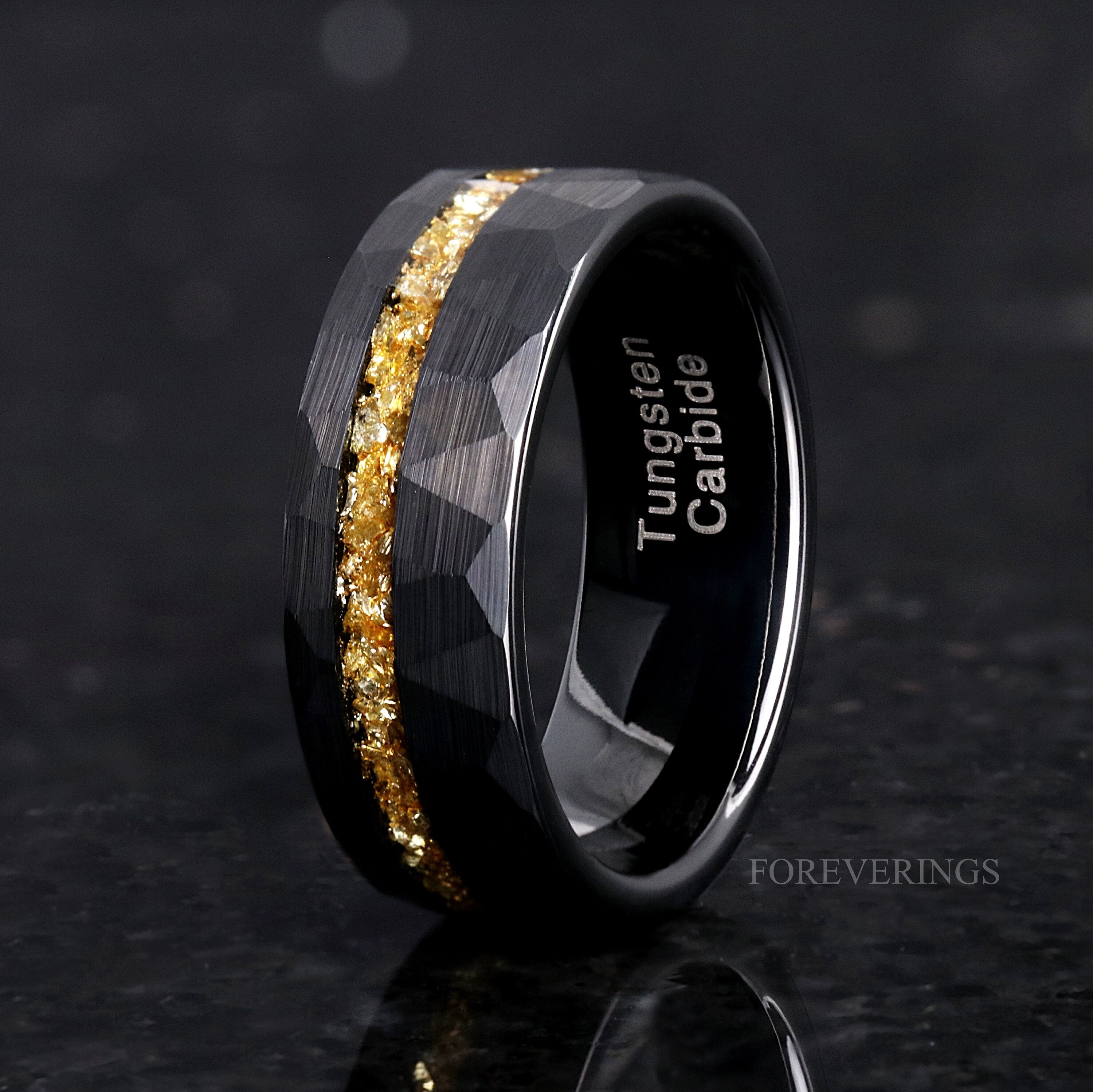 8mm Men Tungsten Wedding Band, Crushed Citrine Glass Stones, Black Tungsten Ring, Citrine Ring, Hammered, Flat, Comfort Fit