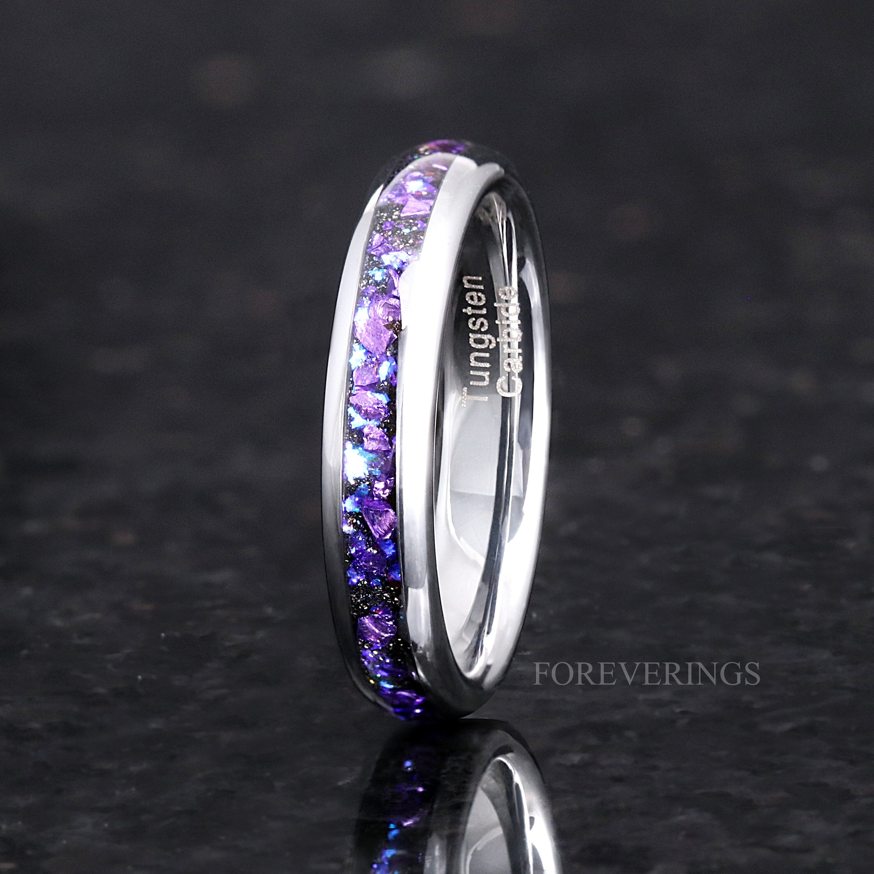 Crab Nebula Ring, Alexandrite, Silver Tungsten Outer Space Ring, 8mm-6mm-4mm Wedding Band, Dome, Polish, Purple Sandstone, Ring Engraving