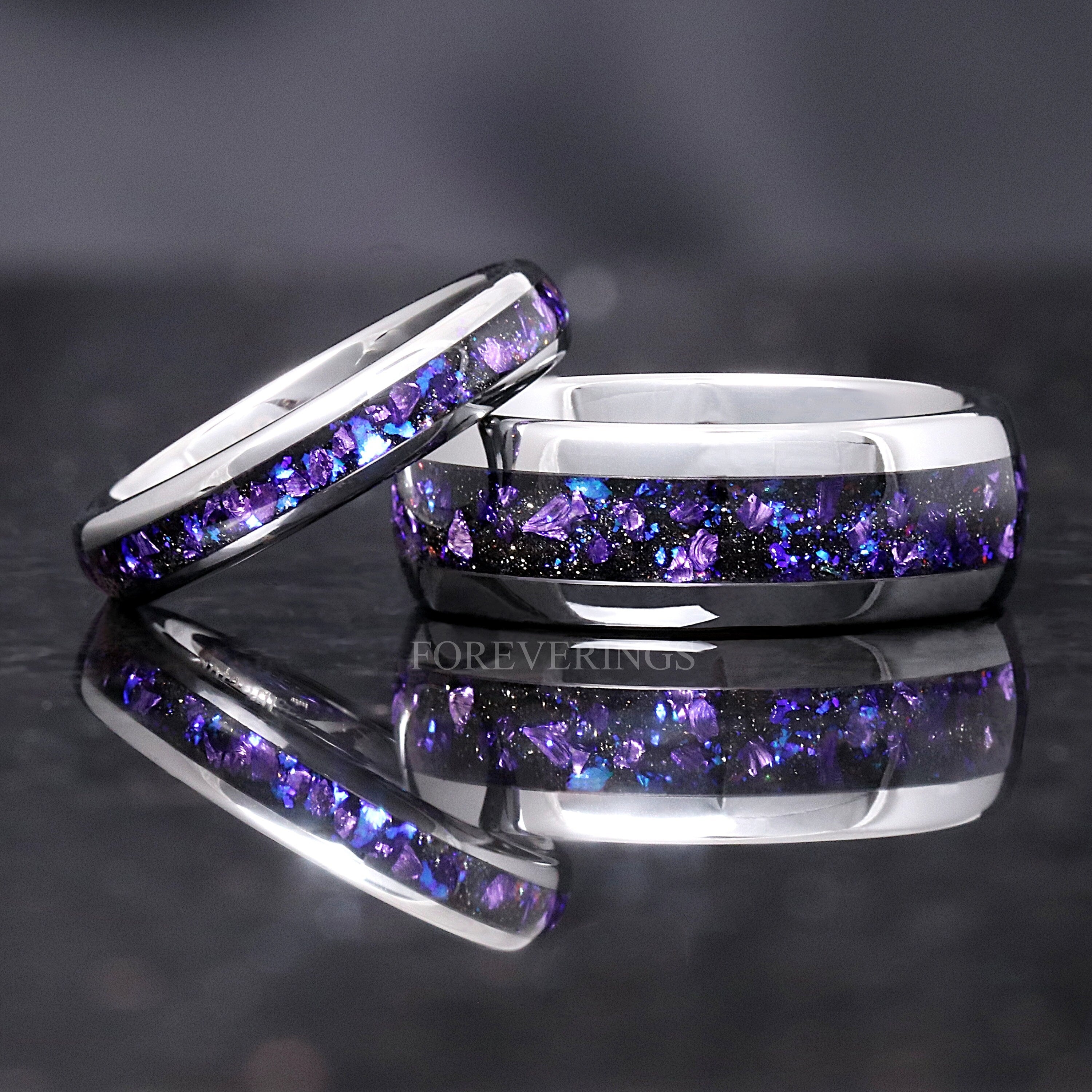 Crab Nebula Ring Set, His and Her Tungsten Wedding Band, 8mm & 4mm Silver Ring Set, Alexandrite Outer Space Ring, Polish, Dome, Comfort Fit