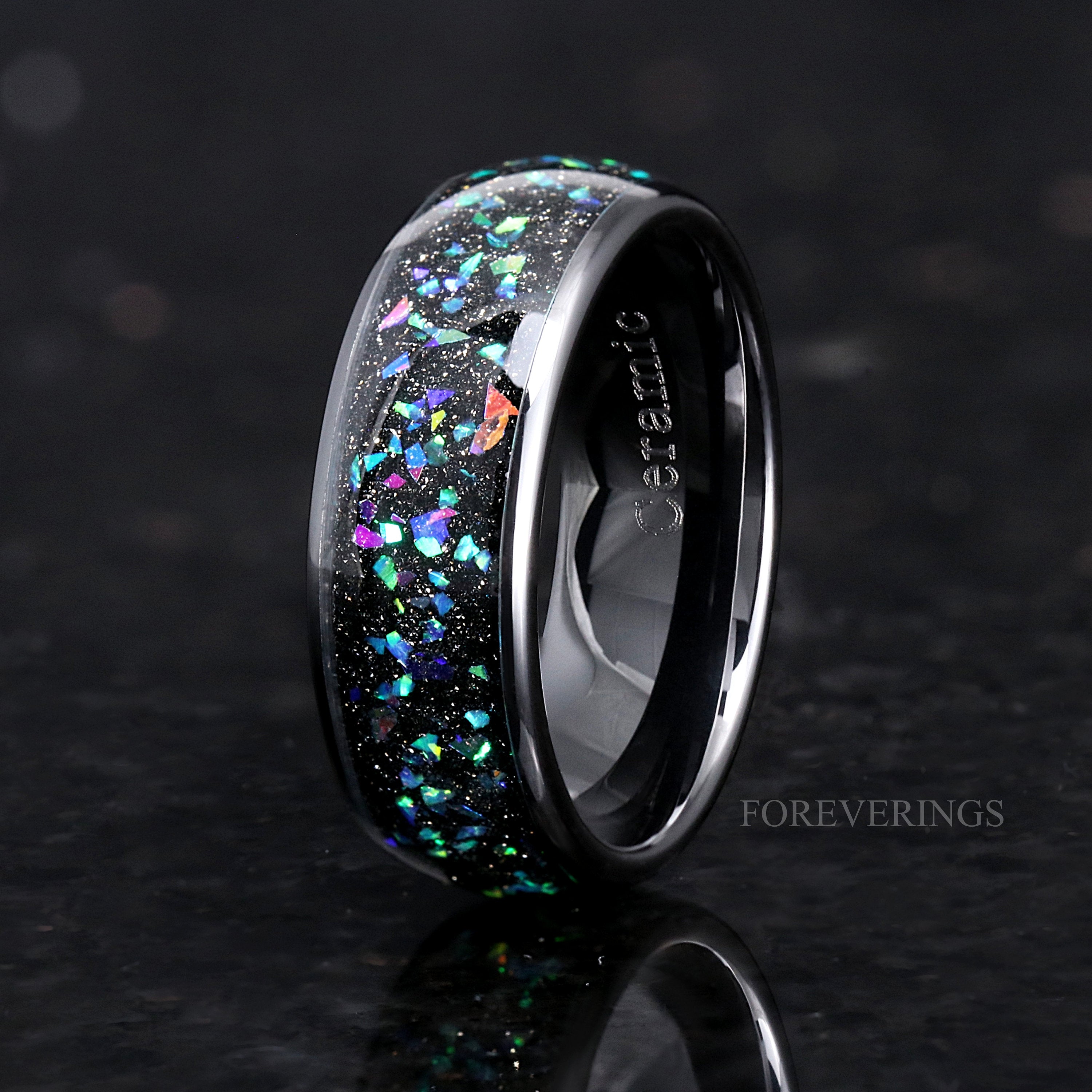 Ceramic Galaxy Opal Ring, Men Wedding Band, 8mm Black Ceramic Ring, Dome, Polish, Comfort Fit, Birthday Anniversary Gift for Him