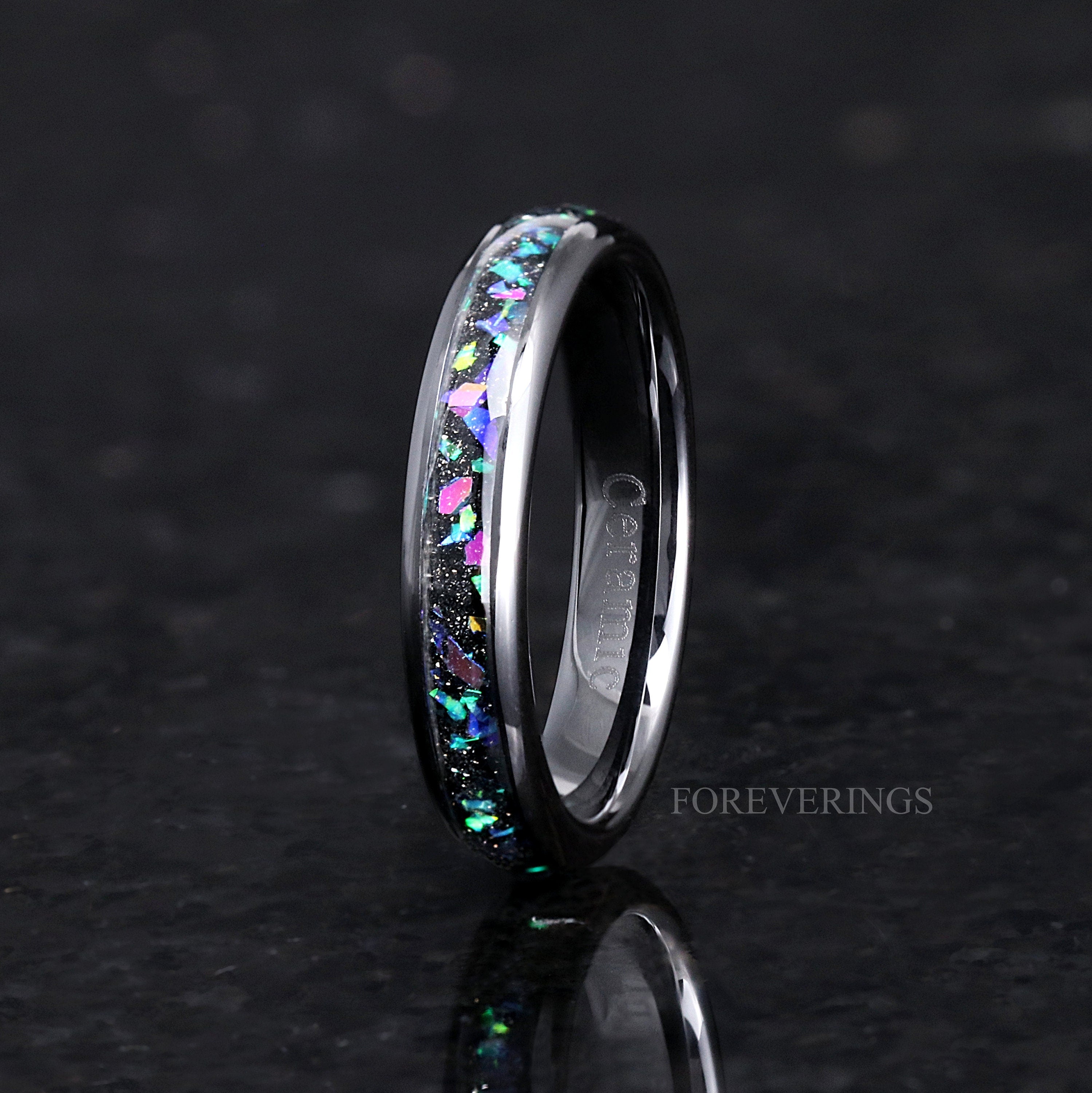 Galaxy Opal Ring Set, His and Hers Wedding Band, 8mm & 4mm Black Ceramic Bands, Polish, Dome, Matching Couples Ring Set, Celestial Ring Set