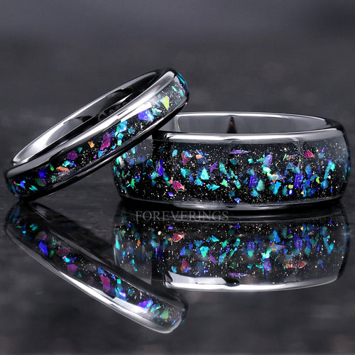 Matching black ceramic couples ring set with galaxy opal inlay, 8mm and 4mm