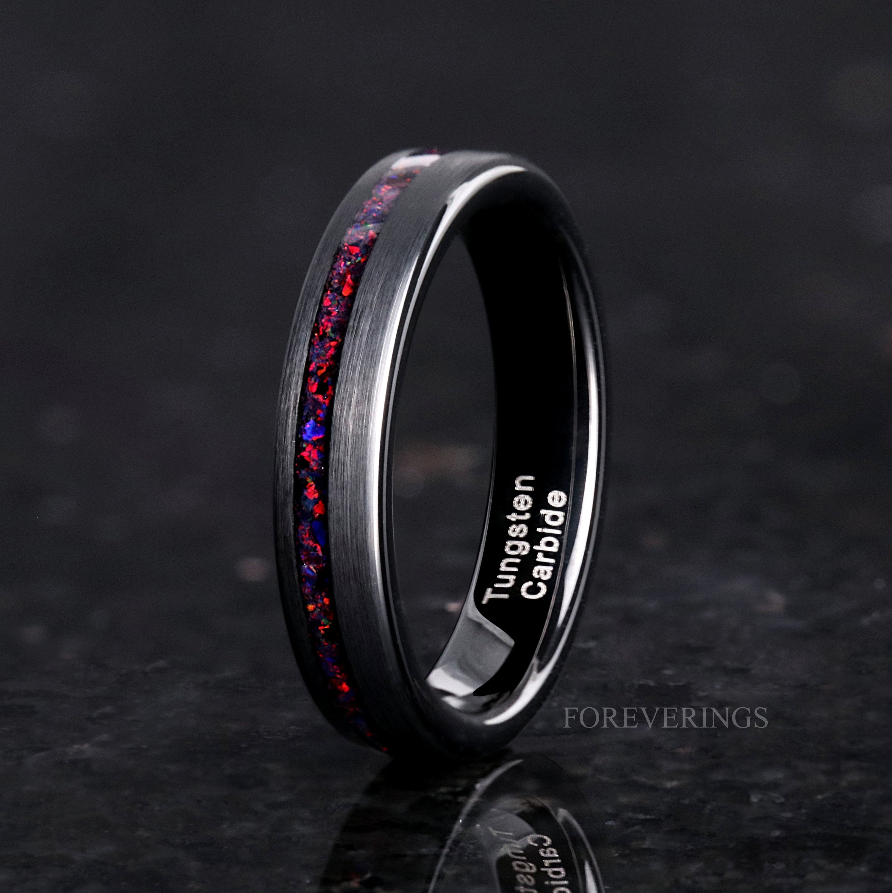 Crushed Black Fire Opal Ring, 4mm Tungsten Wedding Band, Women Men Ring, Black Ring, Black Opal Ring, Flat, Matte Brush, Smooth, Comfort Fit