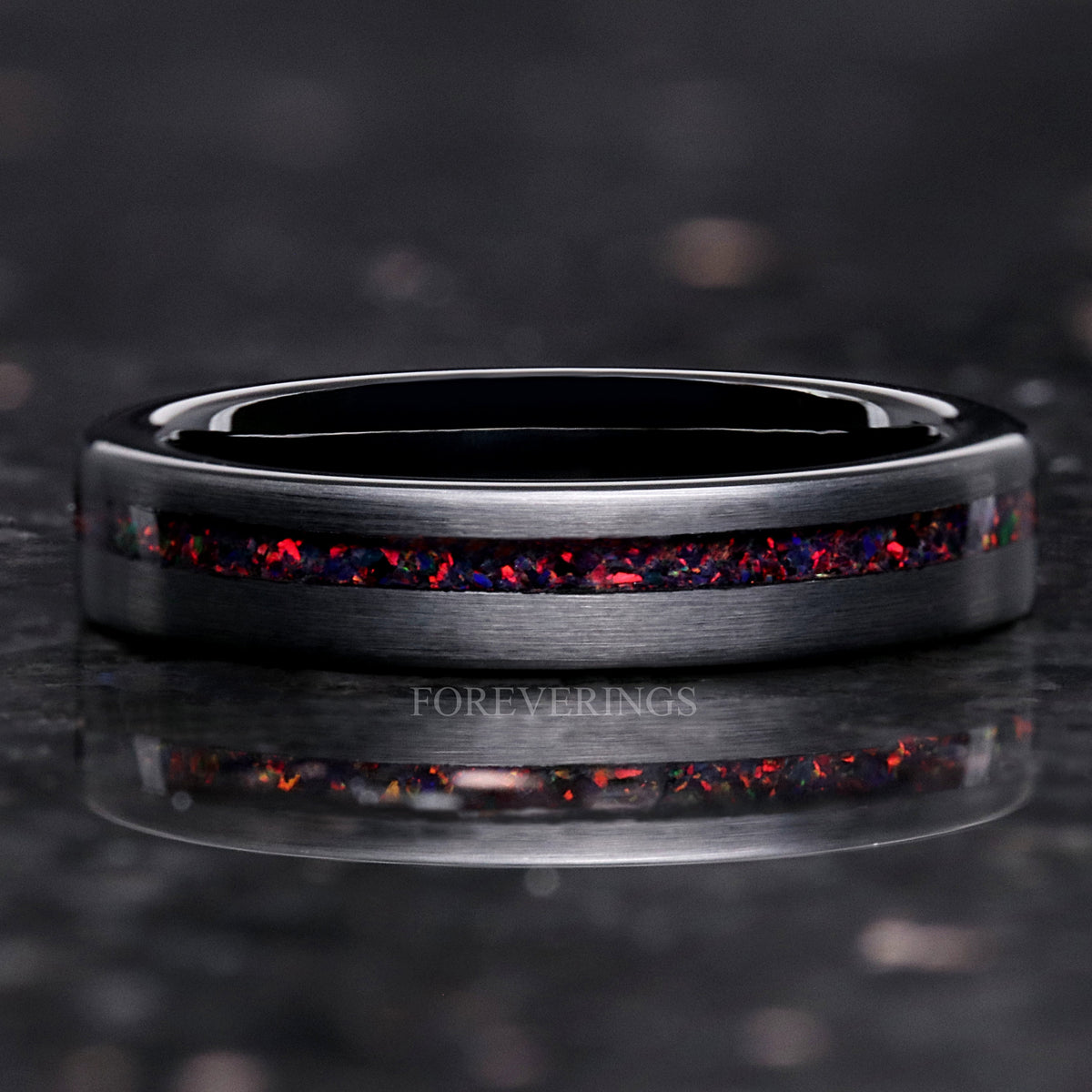 Crushed Black Fire Opal Wedding Band | 4mm Matte Tungsten Ring