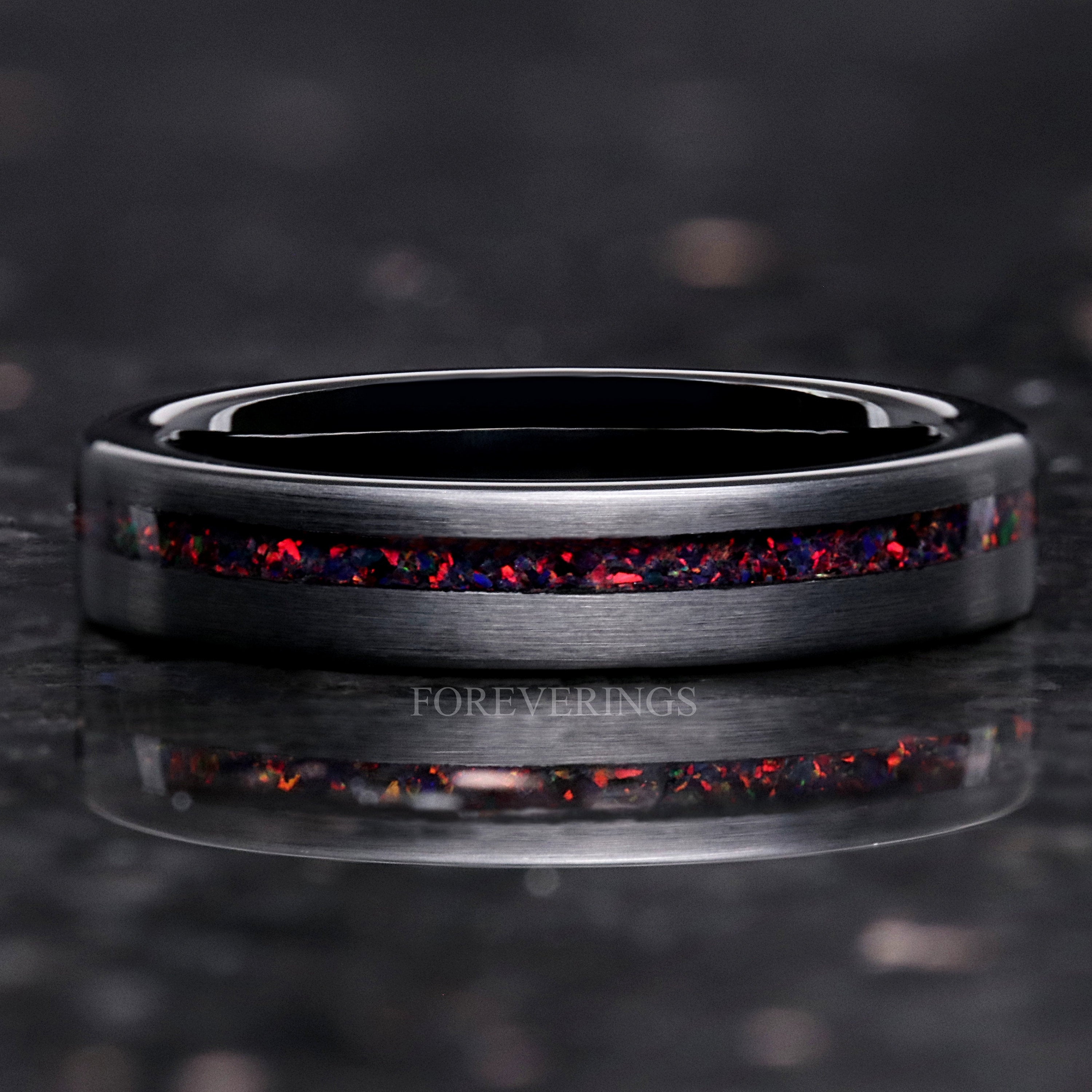 Crushed Black Fire Opal Ring, 4mm Tungsten Wedding Band, Women Men Ring, Black Ring, Black Opal Ring, Flat, Matte Brush, Smooth, Comfort Fit