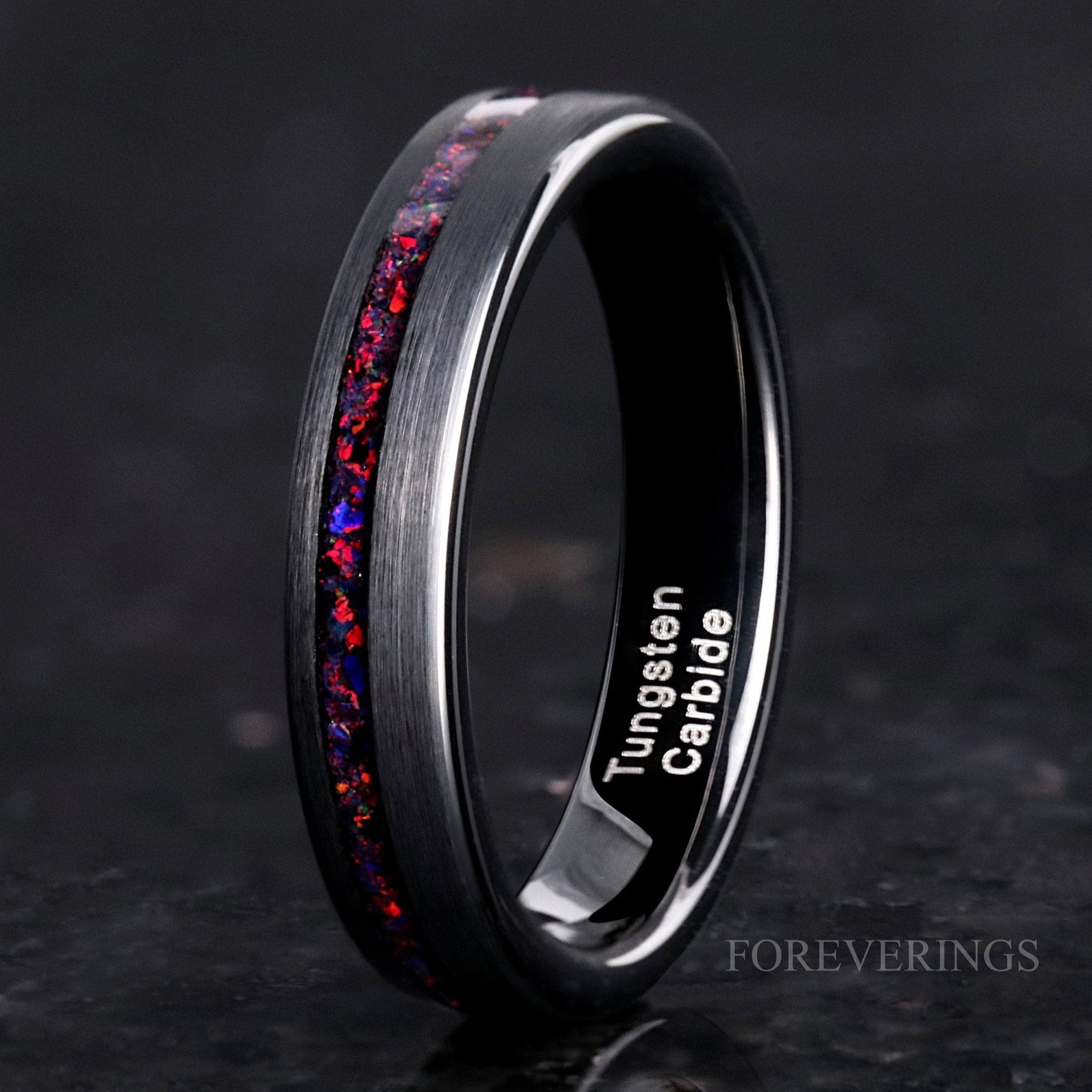 Crushed Black Fire Opal Ring, 4mm Tungsten Wedding Band, Women Men Ring, Black Ring, Black Opal Ring, Flat, Matte Brush, Smooth, Comfort Fit