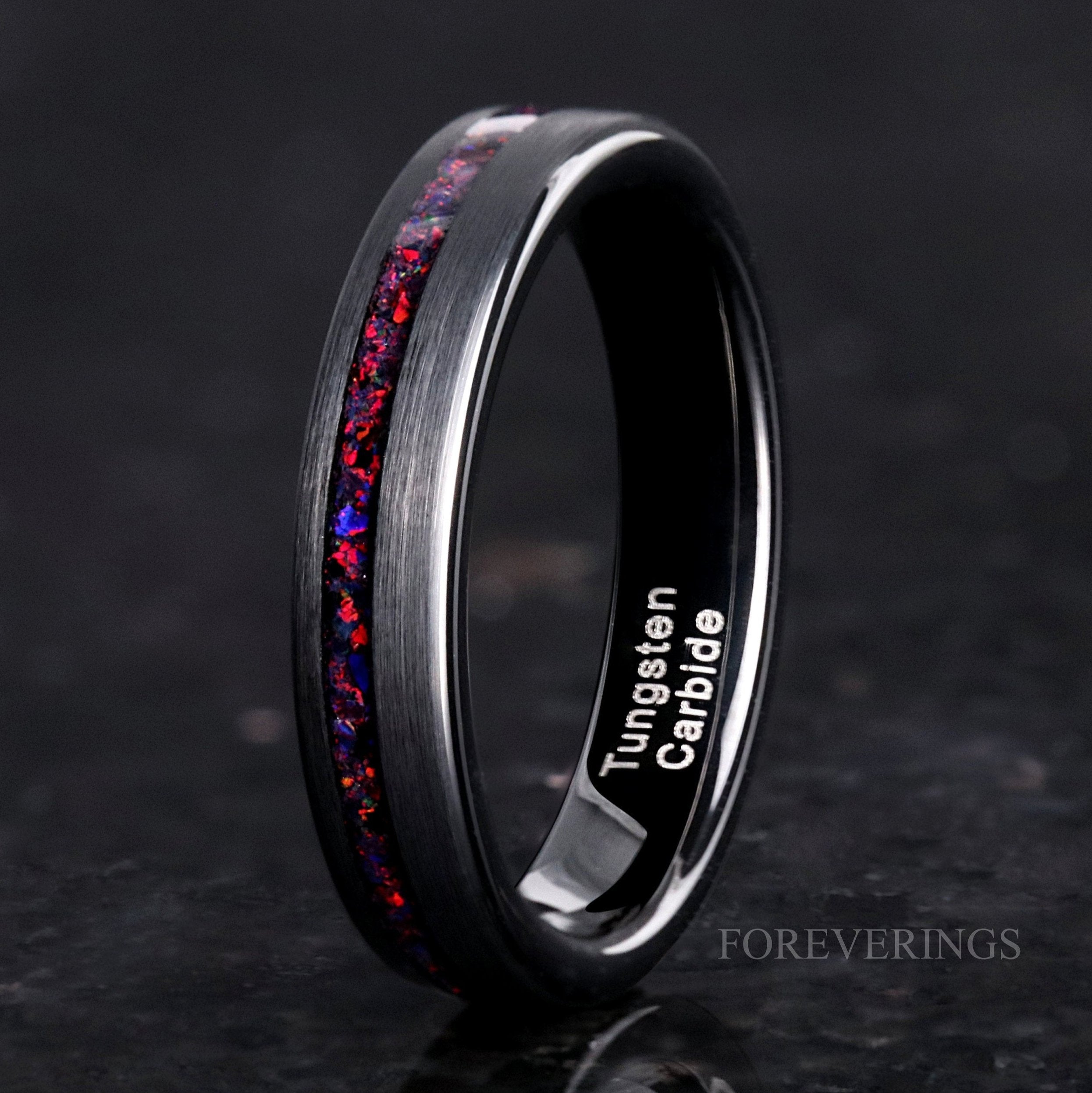 Crushed Black Fire Opal Ring, 4mm Tungsten Wedding Band, Women Men Ring, Black Ring, Black Opal Ring, Flat, Matte Brush, Smooth, Comfort Fit