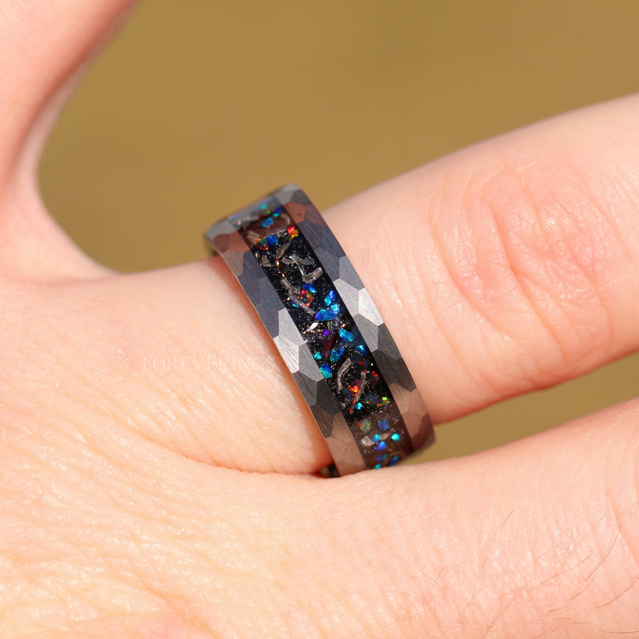 Mens Meteorite Wedding Band | Fire Opal Hammered Tungsten