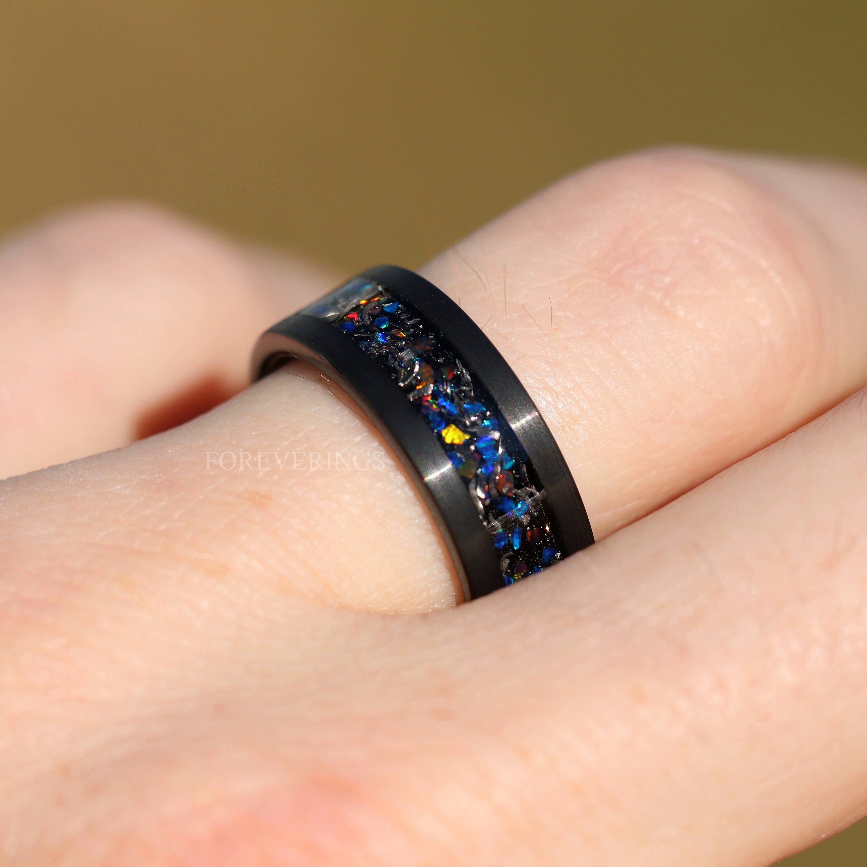 Mens Meteorite Opal Ring, Black Tungsten Ring, 8mm Mens Wedding Band, Smooth Matte Tungsten Ring, Unique Galaxy Opal Meteorite Wedding Band