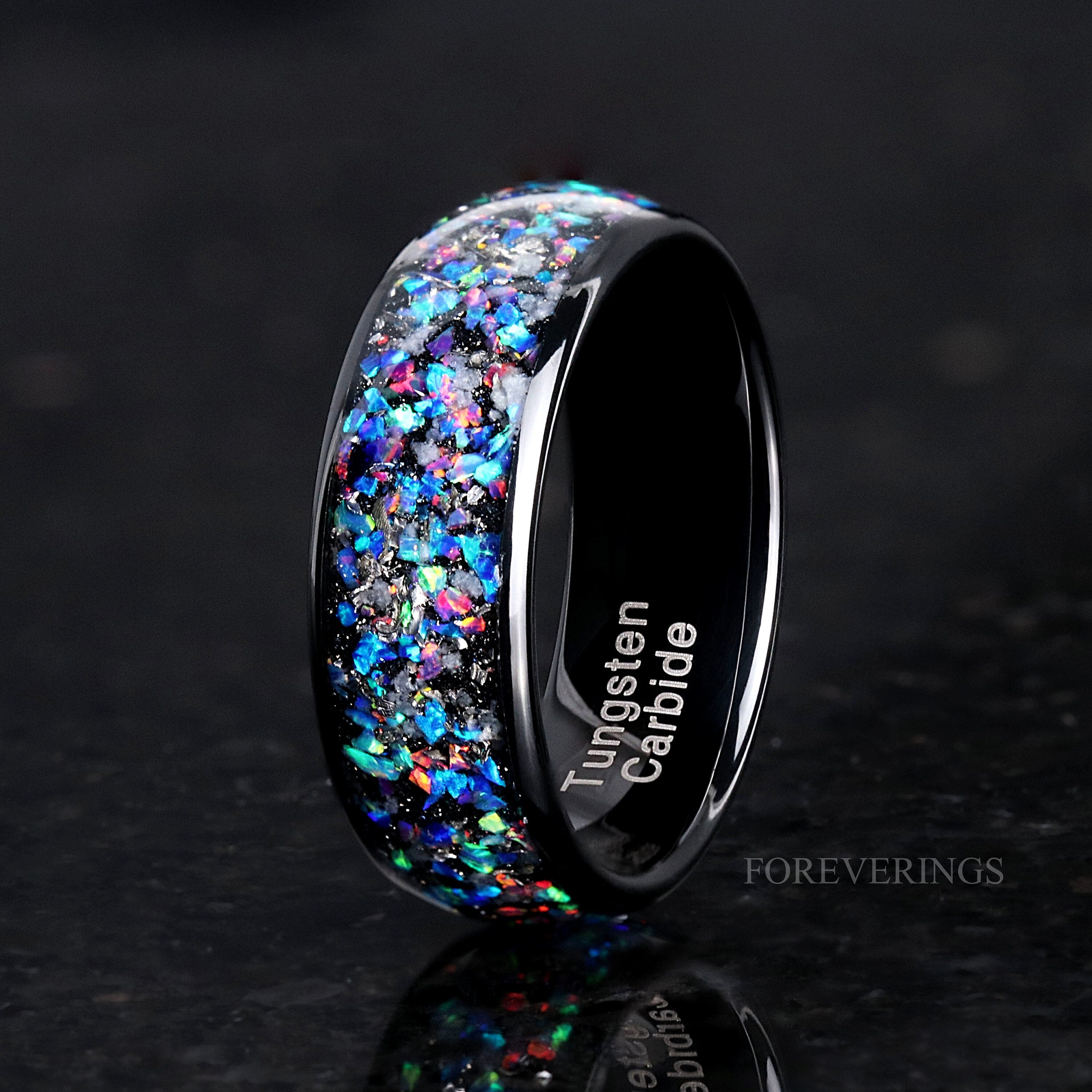 Glow Meteorite and Galaxy Opal Ring Set, His and Hers Tungsten Wedding Bands, 8mm & 4mm Black Rings, Polish, Dome, Couples Ring, Comfort Fit