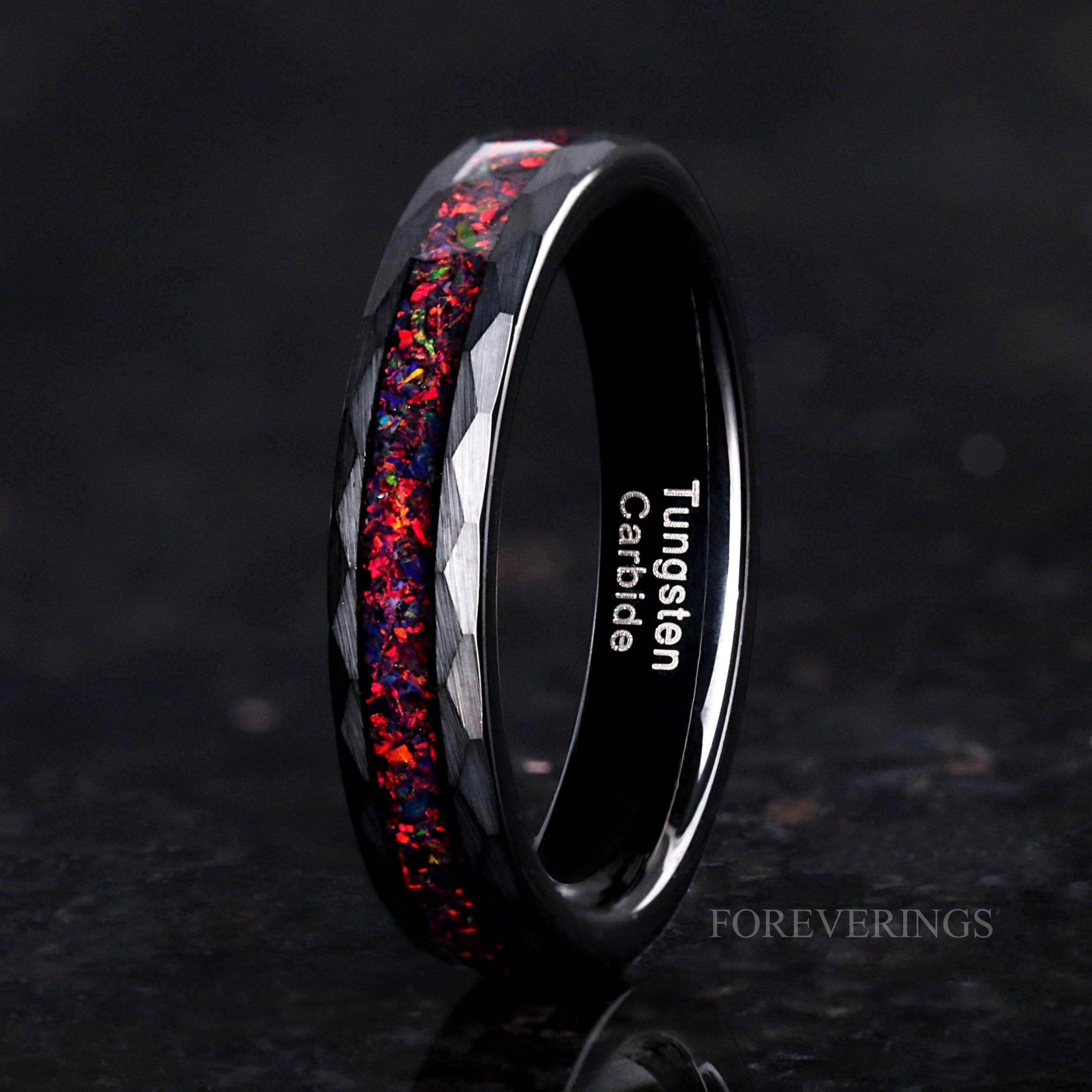 Hammered Black Fire Opal Ring, Facet Black Tungsten Wedding Band, 8mm 6mm 4mm Matte Brushed Ring, Men Woman Hammered Ring, Ring Engraving