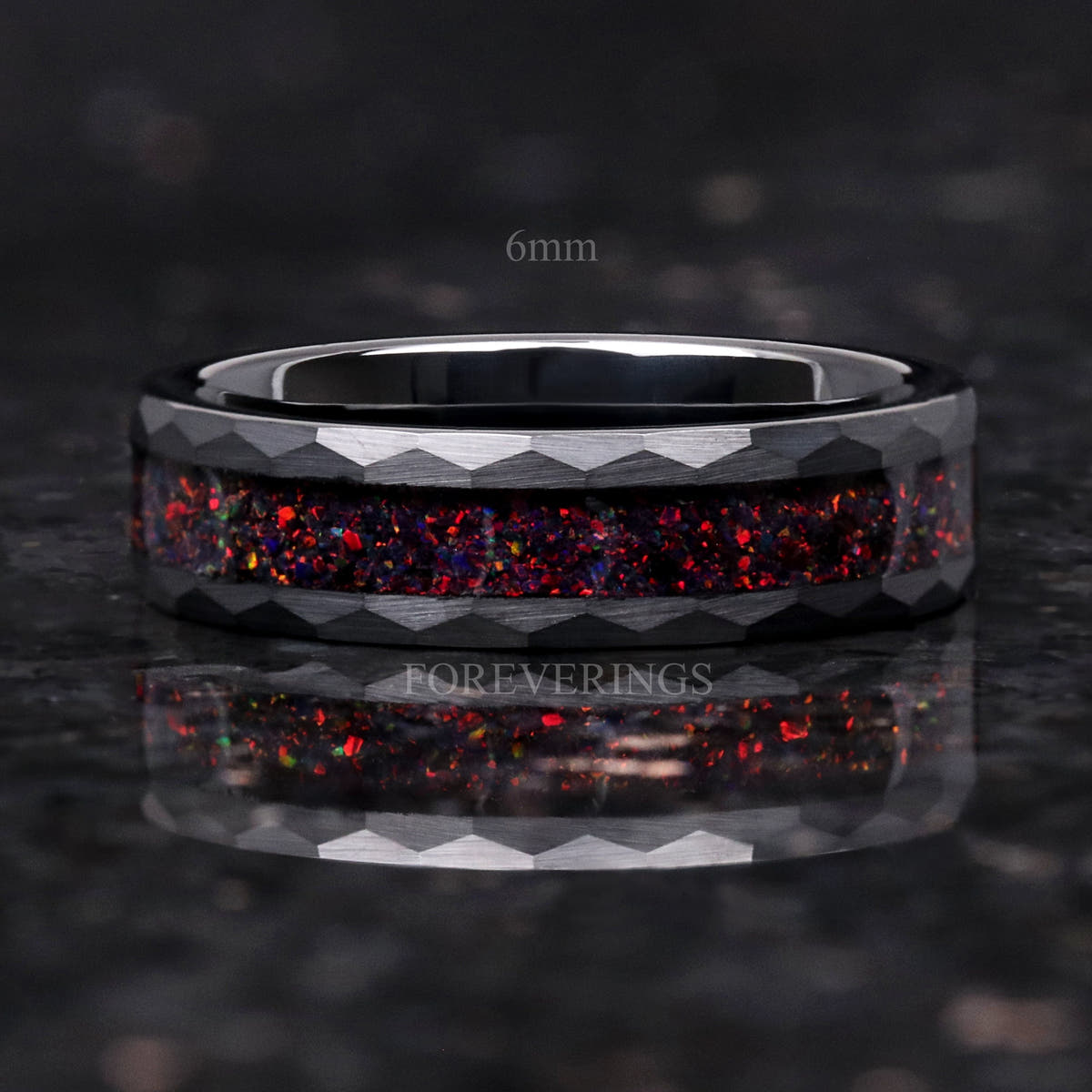 6mm hammered black tungsten ring with black fire opal, shown straight on