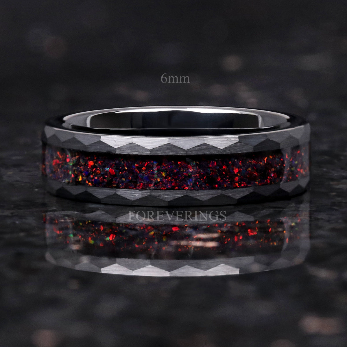 Hammered Black Fire Opal Inlay | Black Tungsten Wedding Band | 8mm 6mm 4mm