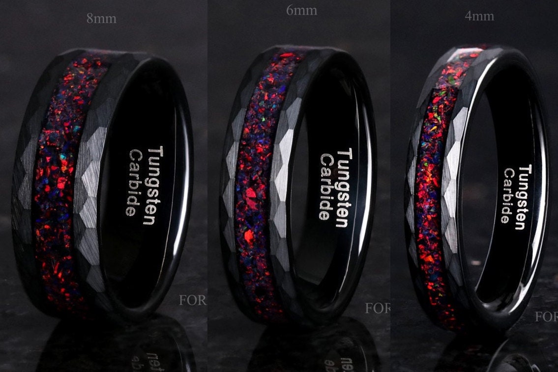 Hammered Black Fire Opal Inlay | Black Tungsten Wedding Band | 8mm 6mm 4mm