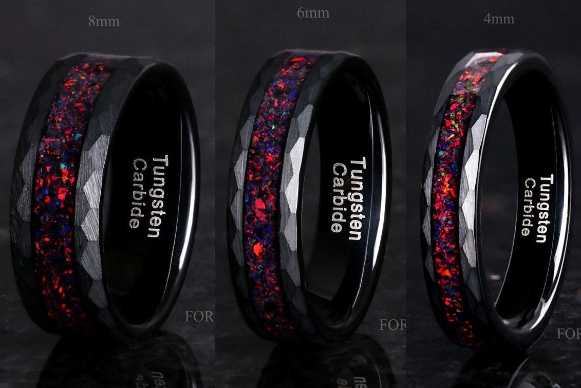 Mens Black Opal Ring, Black Hammered Tungsten Wedding Band, 8mm-6mm-4mm Crushed Black Fire Opal, Flat, Matte Brush, Man Woman Ring, Engrave