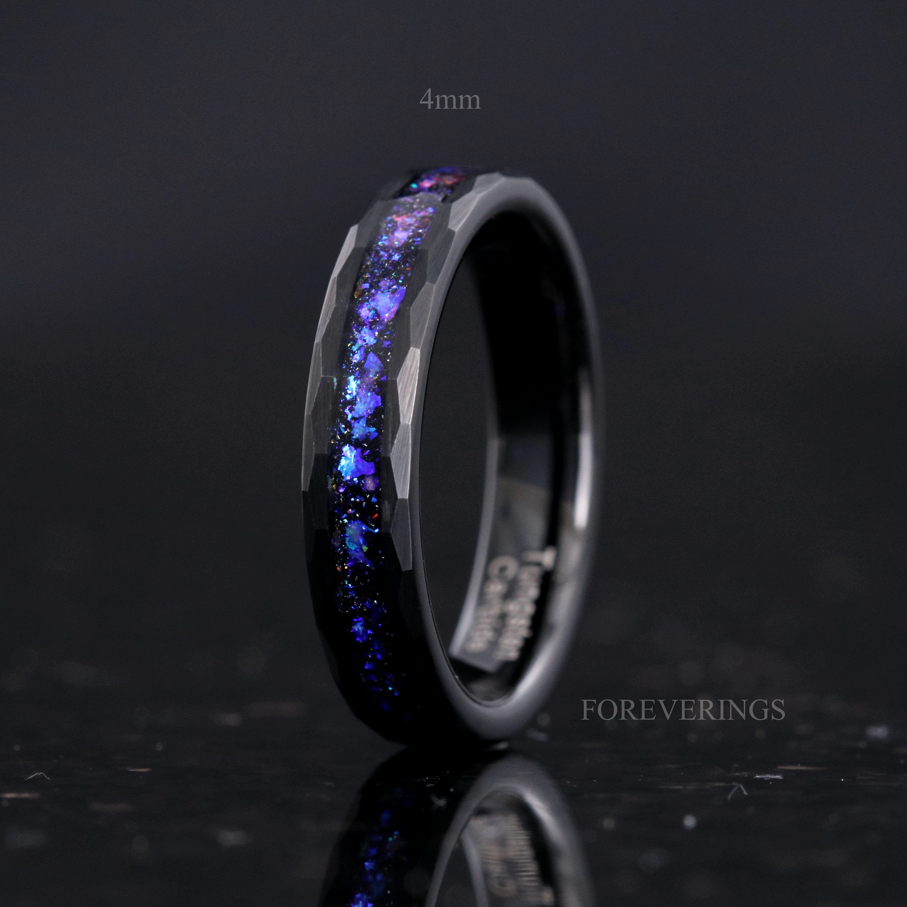 Orion Nebula Ring Hammer, Black Tungsten Outer Space Ring, 8mm-6mm-4mm, Men Woman Wedding Band, Flat Brush Hammer, Blue Nebula Ring, Engrave