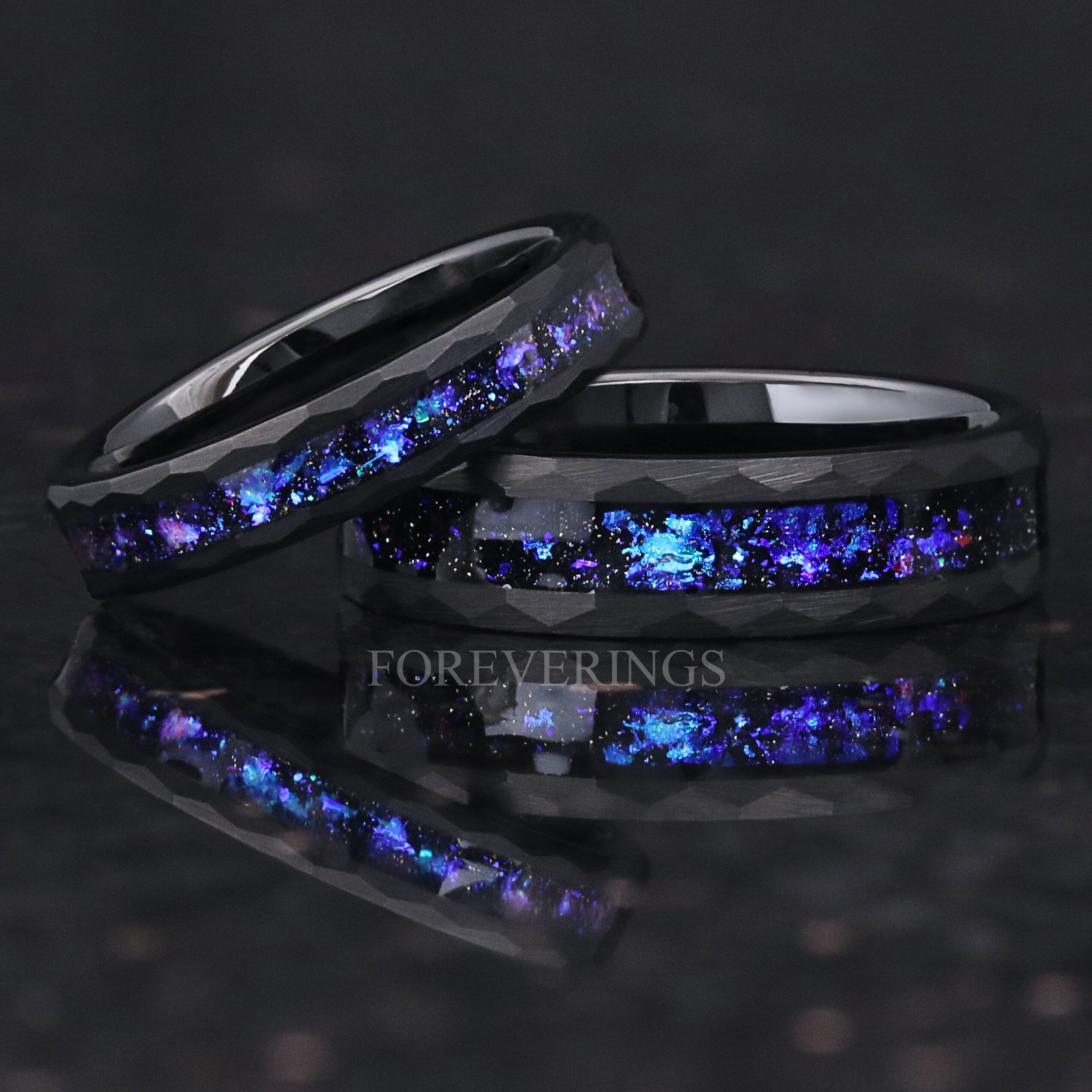 Orion Nebula Ring Hammer, Black Tungsten Outer Space Ring, 8mm-6mm-4mm, Men Woman Wedding Band, Flat Brush Hammer, Blue Nebula Ring, Engrave