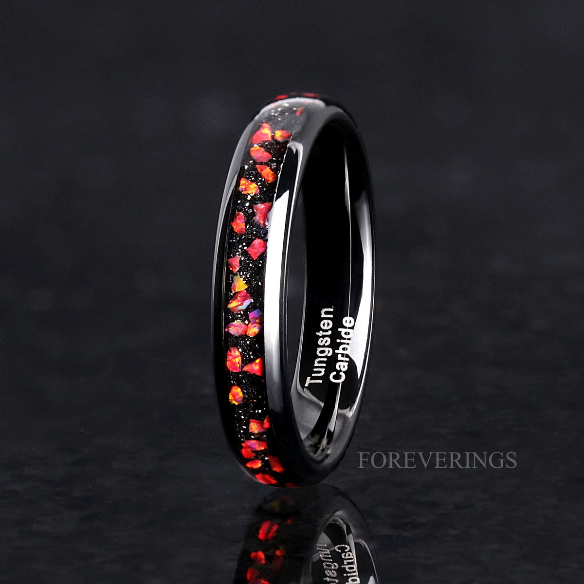 Red Fire Opal Inlay | Black Tungsten Wedding Band | 4mm