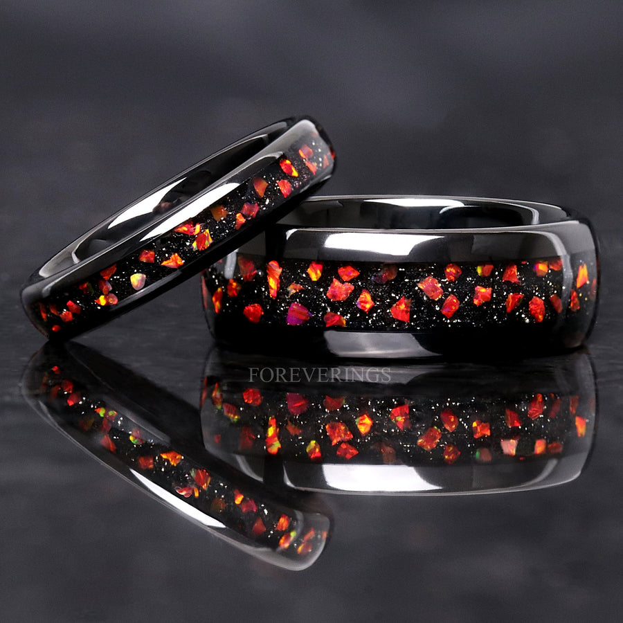 Red Fire Opal Inlay | Black Tungsten Wedding Band | 4mm