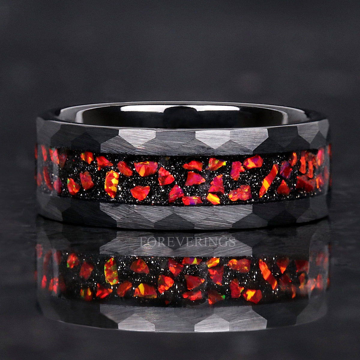 Red Fire Opal | Men's Black Tungsten Ring