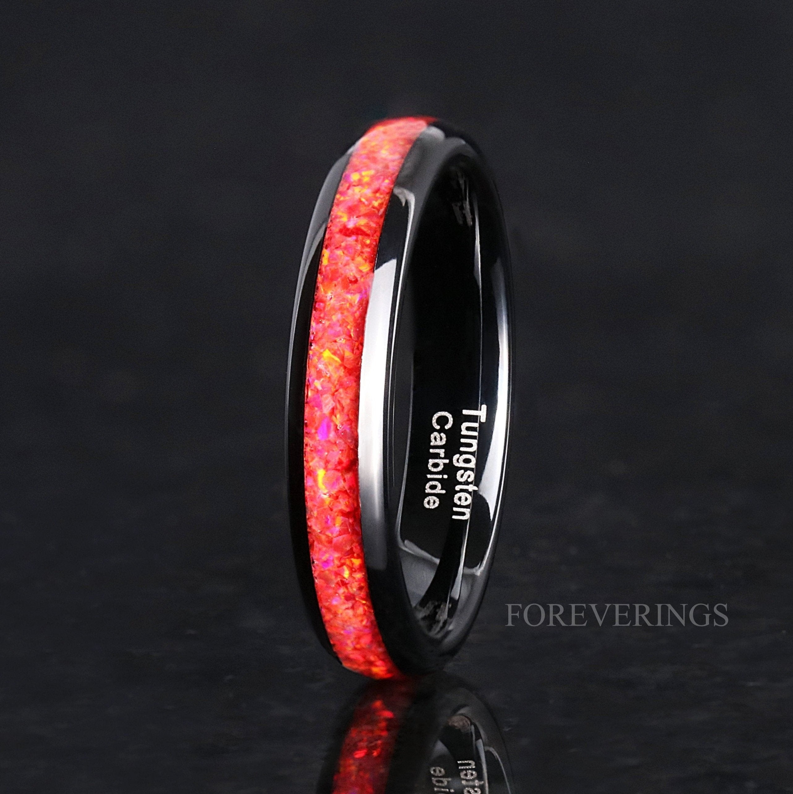 4mm Red Fire Opal, Tungsten Wedding Band, Women Men Ring, Black Ring, Red Opal Ring, Dome, Polish, Comfort Fit