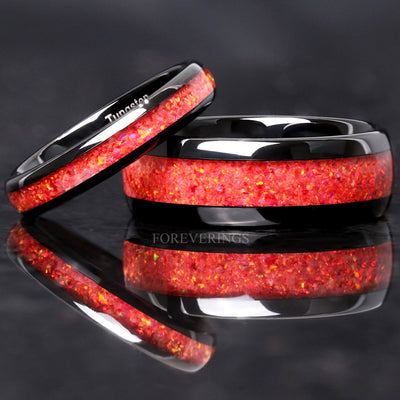 Red Fire Opal Ring Set, His and Hers Tungsten Wedding Band, Red Opal, 8mm & 4mm Black Ring Set, Couples Ring, Polish, Dome, Comfort Fit