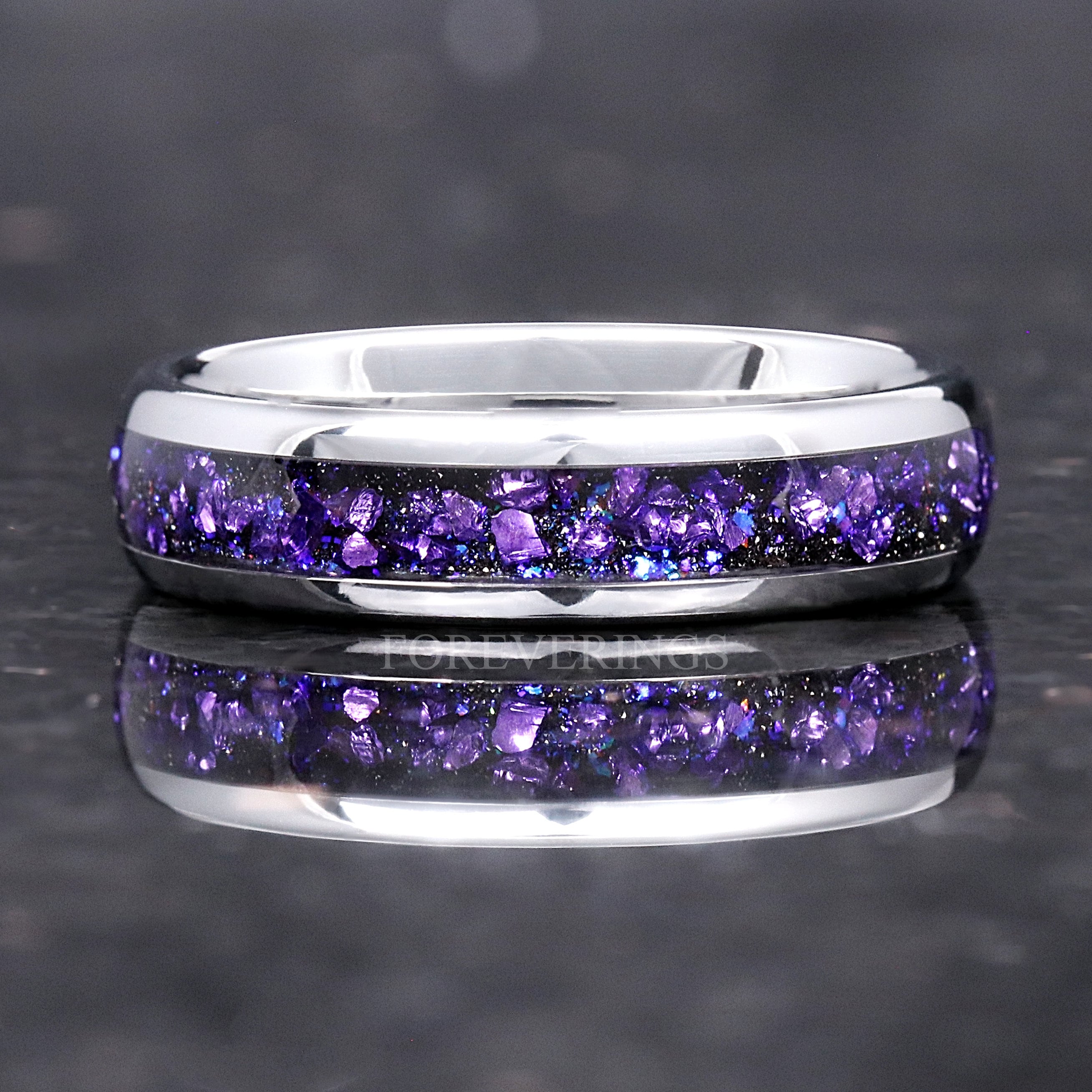 Crab Nebula Ring, Alexandrite, Silver Tungsten Outer Space Ring, 8mm-6mm-4mm Wedding Band, Dome, Polish, Purple Sandstone, Ring Engraving