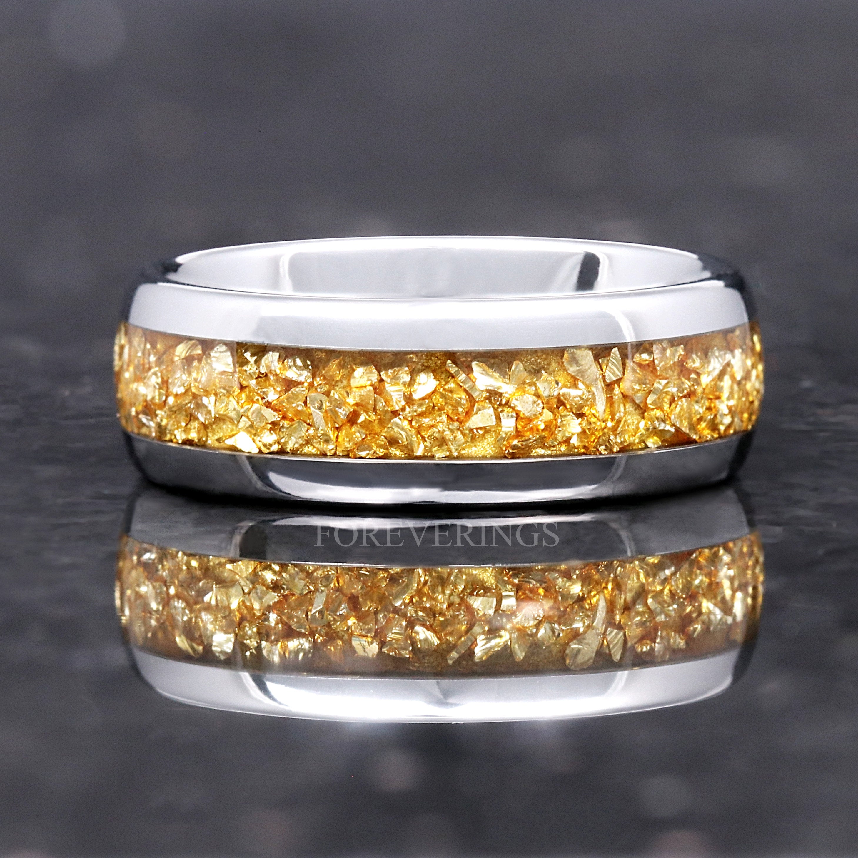 8mm Men Tungsten Wedding Band, Crushed Citrine Glass Stones, Silver Tungsten Ring, Citrine Ring, Polished, Dome, Comfort Fit