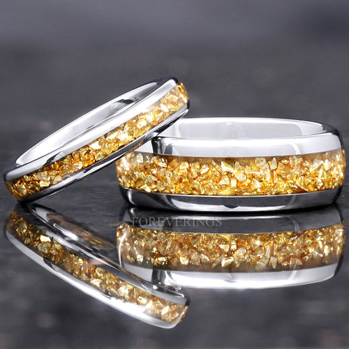 Matching silver tungsten couples ring set with crushed citrine inlay, 8mm and 4mm