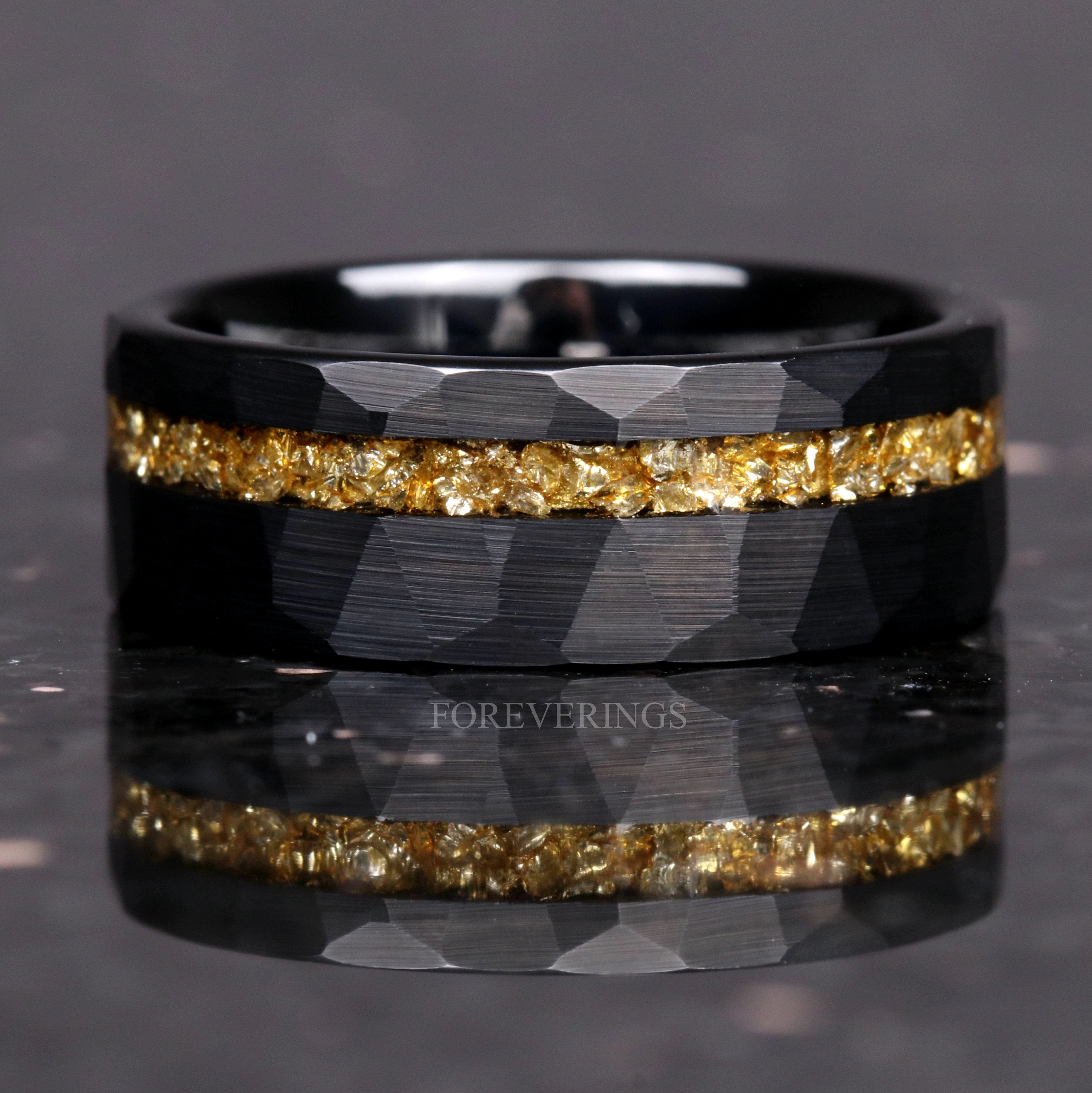 8mm Men Tungsten Wedding Band, Crushed Citrine Glass Stones, Black Tungsten Ring, Citrine Ring, Hammered, Flat, Comfort Fit