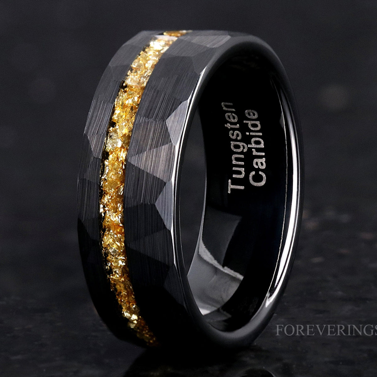 8mm Men Tungsten Wedding Band, Crushed Citrine Glass Stones, Black Tungsten Ring, Citrine Ring, Hammered, Flat, Comfort Fit