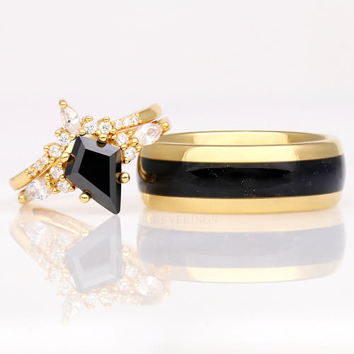 Matching gold couples ring set: kite black onyx bridal set and 8mm tungsten band with black onyx inlay