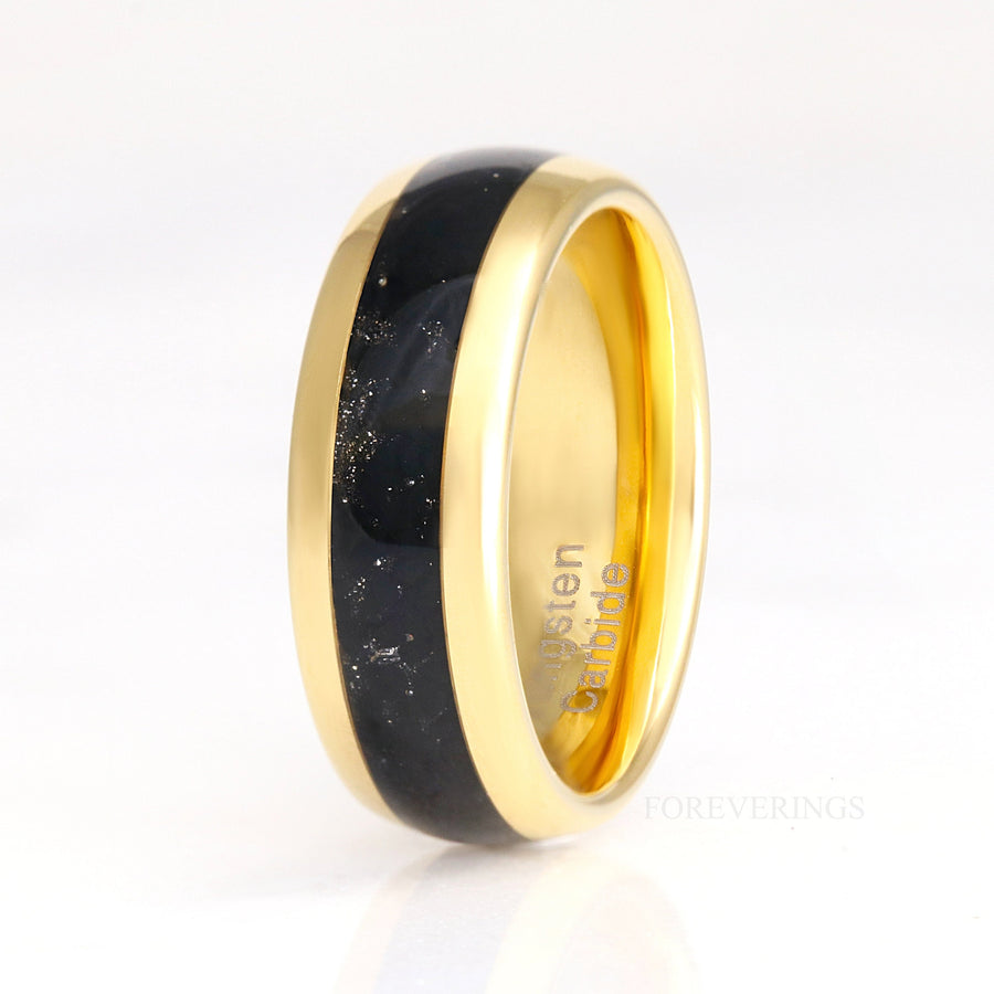 Black Onyx Mens Gold Tungsten Ring, 8mm Mens Wedding Band, Crushed Black Onyx Ring, Polished, Dome, Unique Wedding Band, Ring Engraving