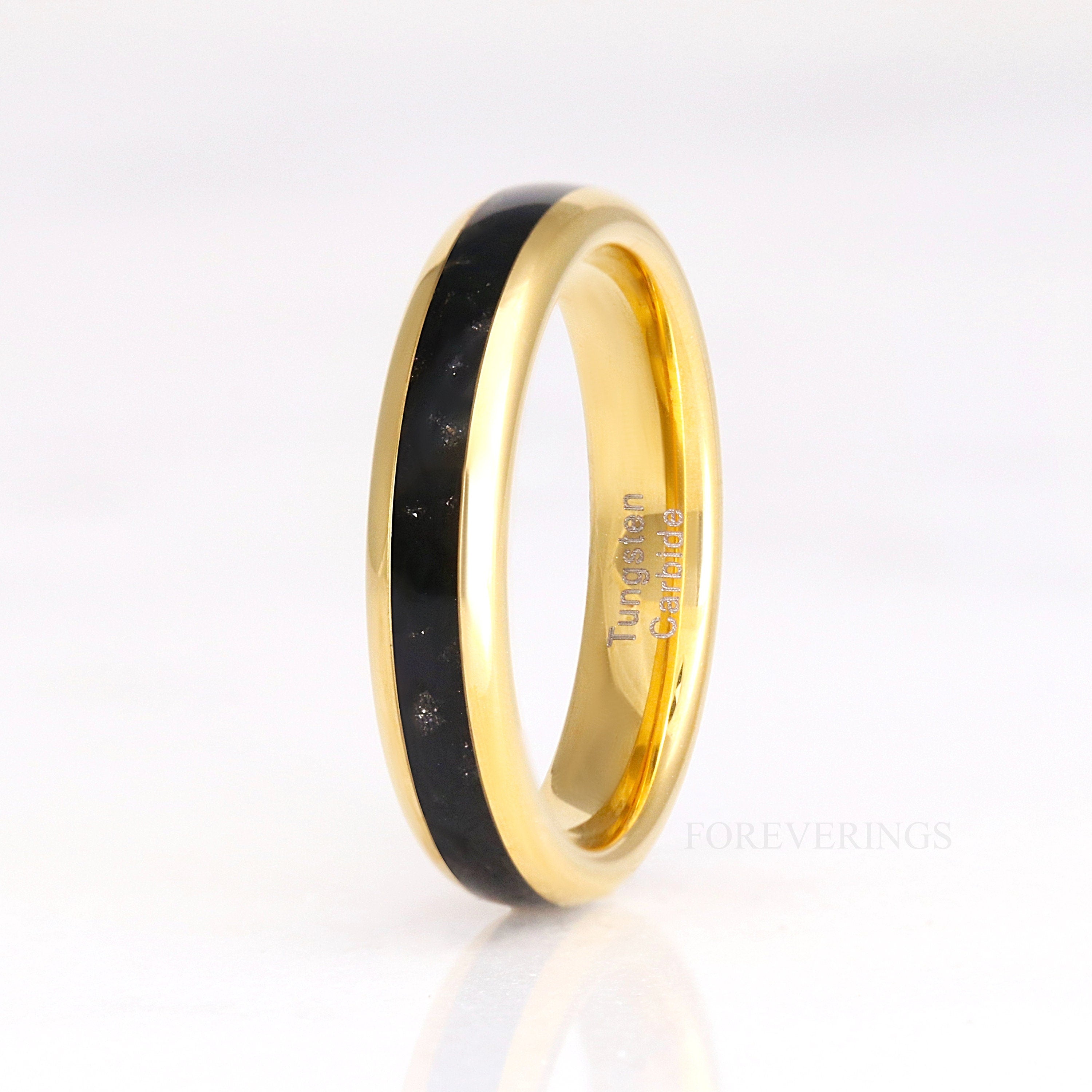 Black Onyx Gold Tungsten Ring, 4mm Mens Womens Wedding Band, Crushed Black Onyx Ring, Dome, Polish, Unique Gold Band, Ring Engraving