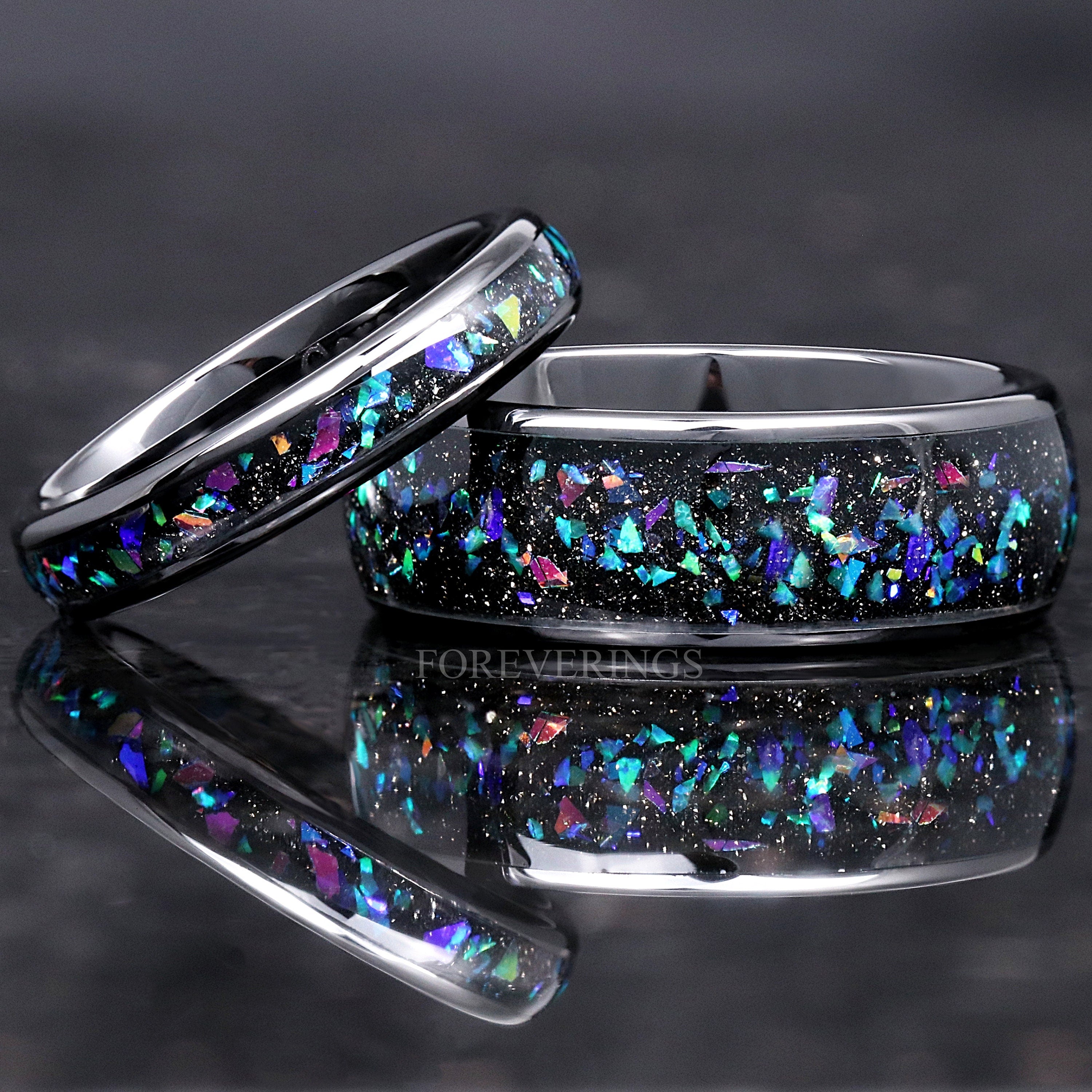 Galaxy Opal Ring Set, His and Hers Wedding Band, 8mm & 4mm Black Ceramic Bands, Polish, Dome, Matching Couples Ring Set, Celestial Ring Set