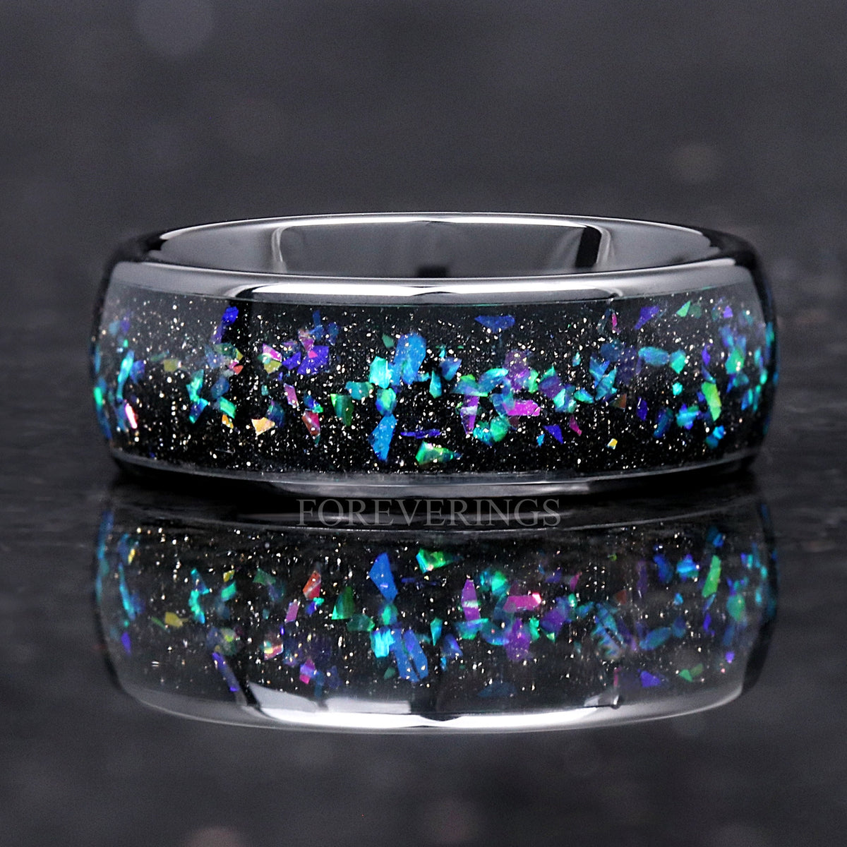 Galaxy Opal Ring Set, His and Hers Wedding Band, 8mm & 4mm Black Ceramic Bands, Polish, Dome, Matching Couples Ring Set, Celestial Ring Set