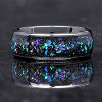 Galaxy Opal Ring Set, His and Hers Wedding Band, 8mm & 4mm Black Ceramic Bands, Polish, Dome, Matching Couples Ring Set, Celestial Ring Set