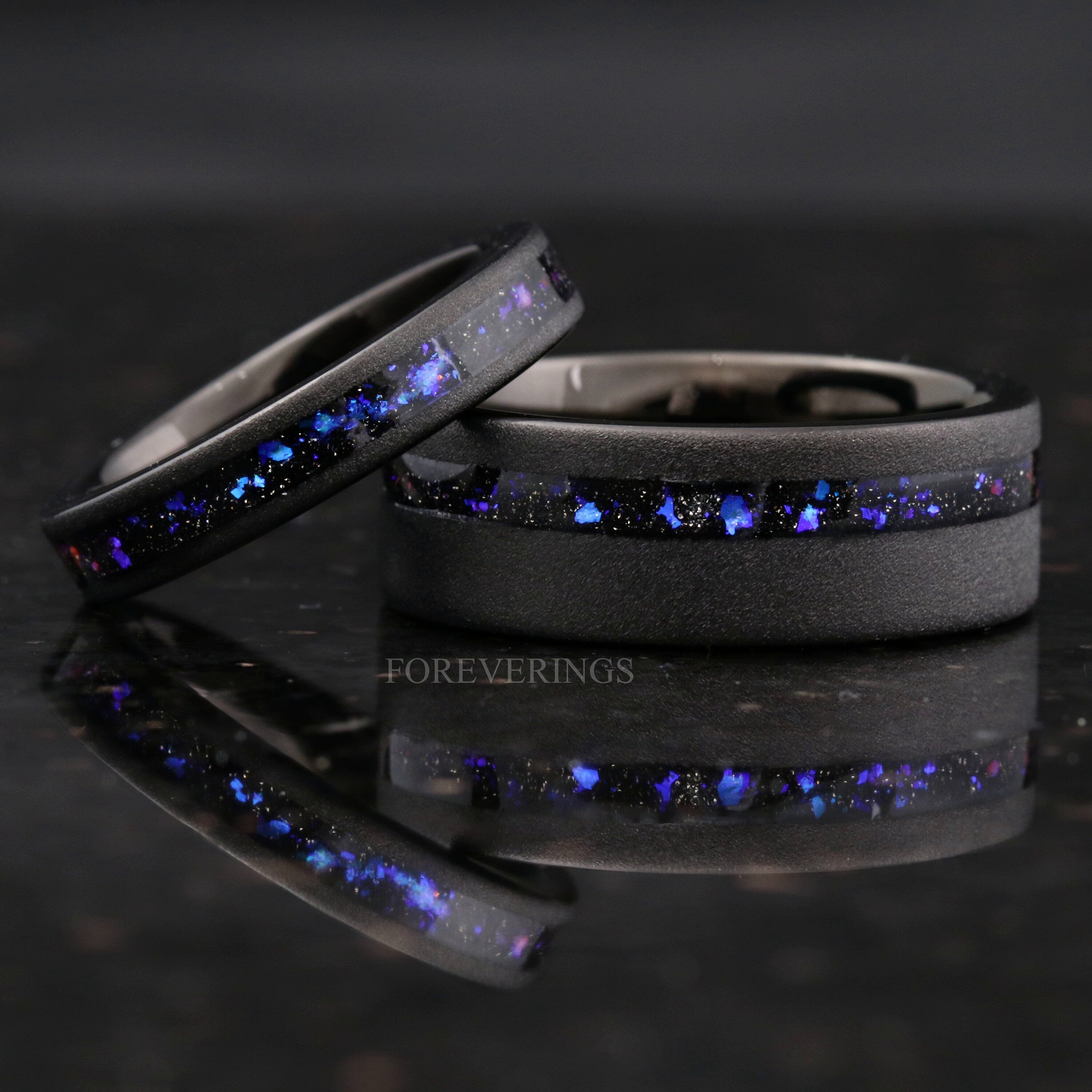 Orion Nebula Ring, Black Tungsten Wedding Band, 8mm-6mm Ring, Flat, Sandblasted, Comfort Fit, Birthday Anniversary Gift for Him, Engraving