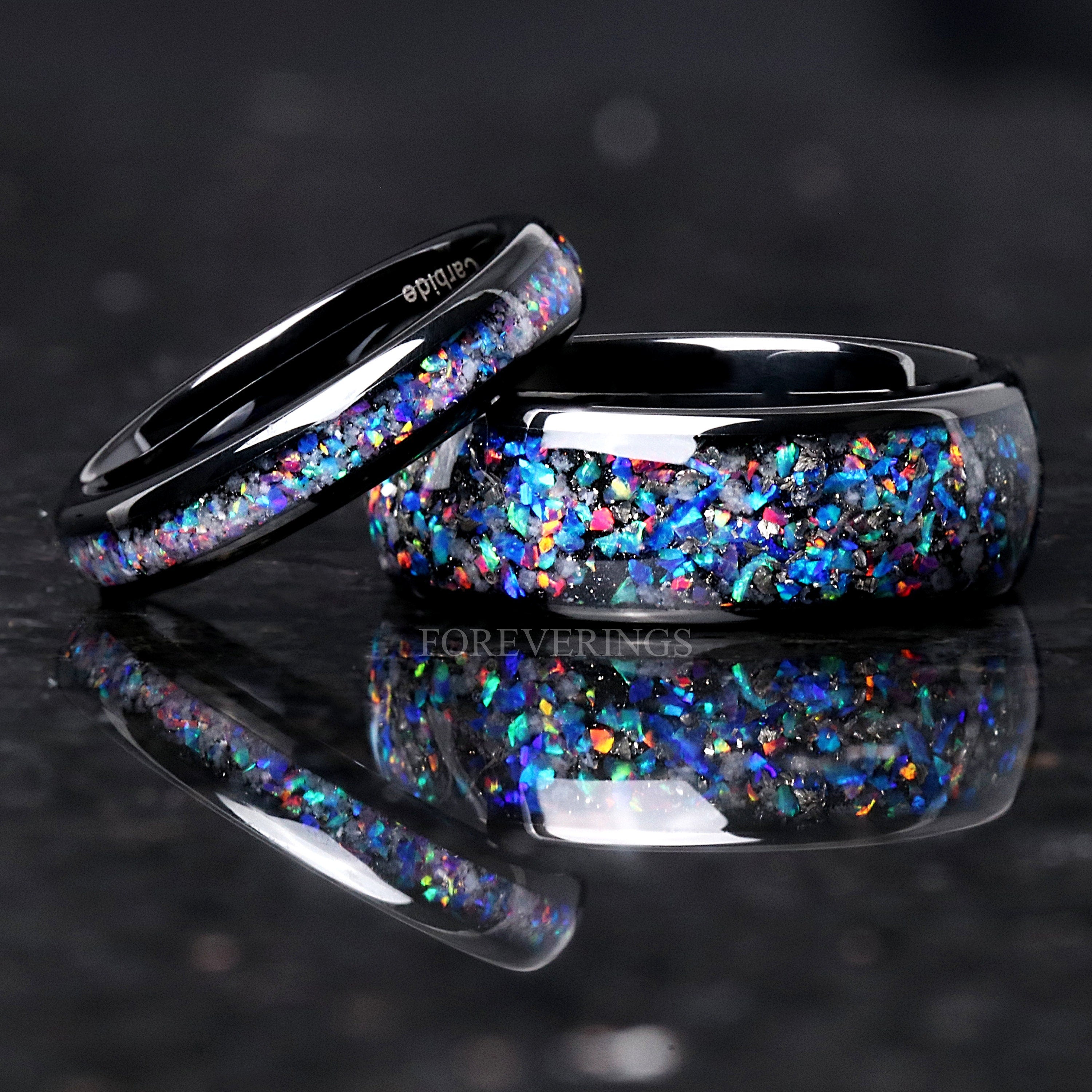 Glow Meteorite Galaxy Opal Ring, Glow in the Dark, 4mm Black Tungsten Ring, Mens Womens Wedding Band, Polished, Unique Meteorite Ring