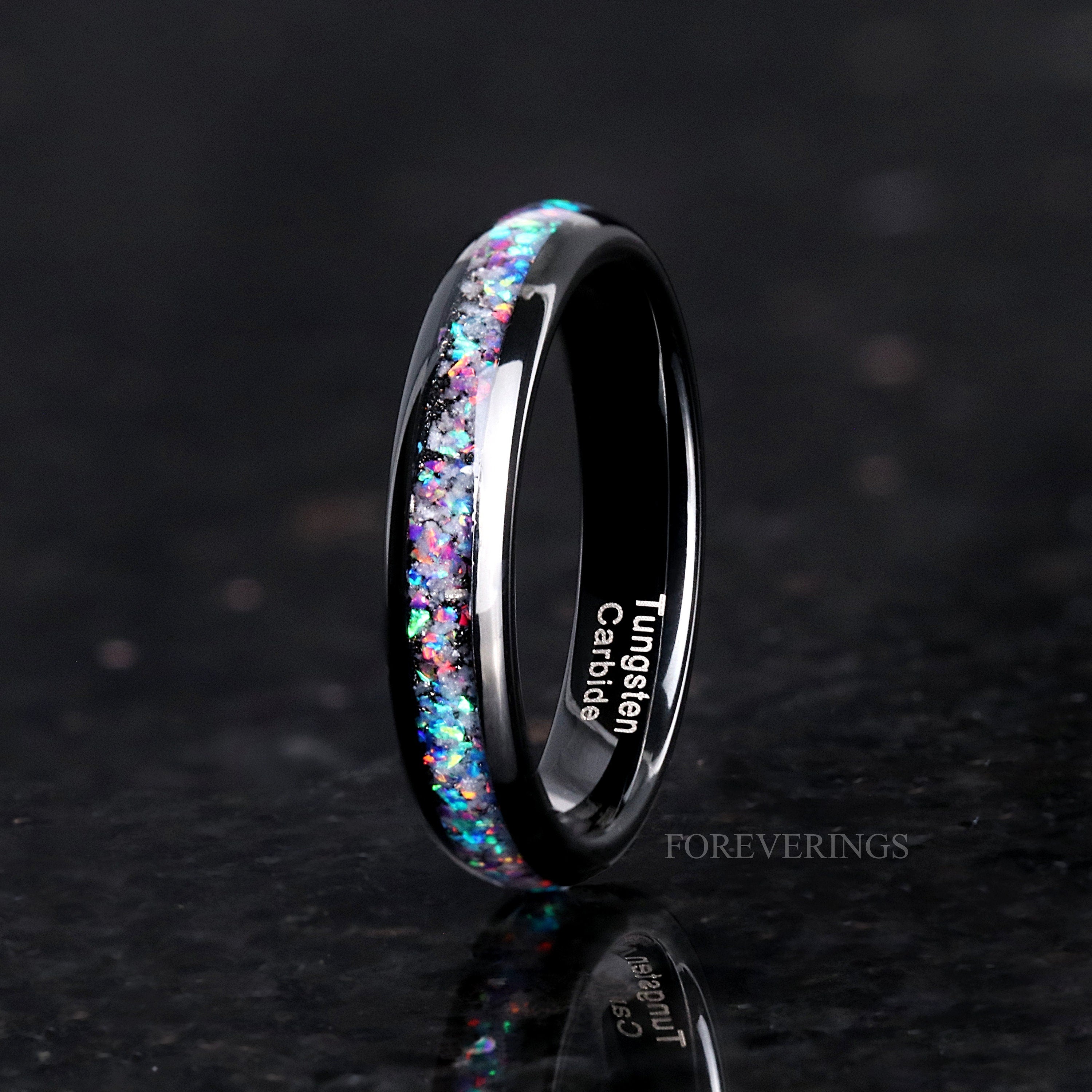 Glow Meteorite Galaxy Opal Ring, Glow in the Dark, 4mm Black Tungsten Ring, Mens Womens Wedding Band, Polished, Unique Meteorite Ring