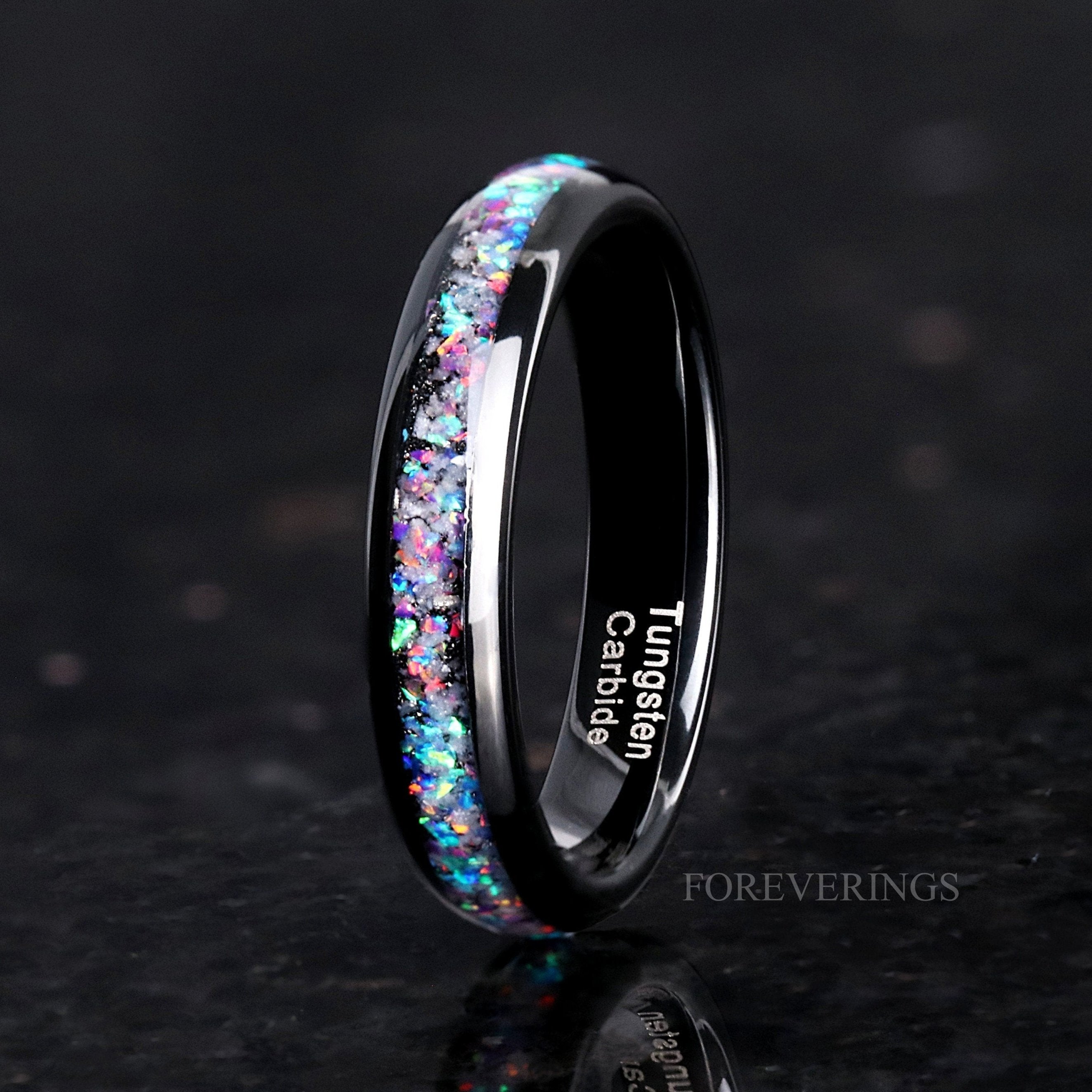 Glow Meteorite Galaxy Opal Ring, Glow in the Dark, 4mm Black Tungsten Ring, Mens Womens Wedding Band, Polished, Unique Meteorite Ring