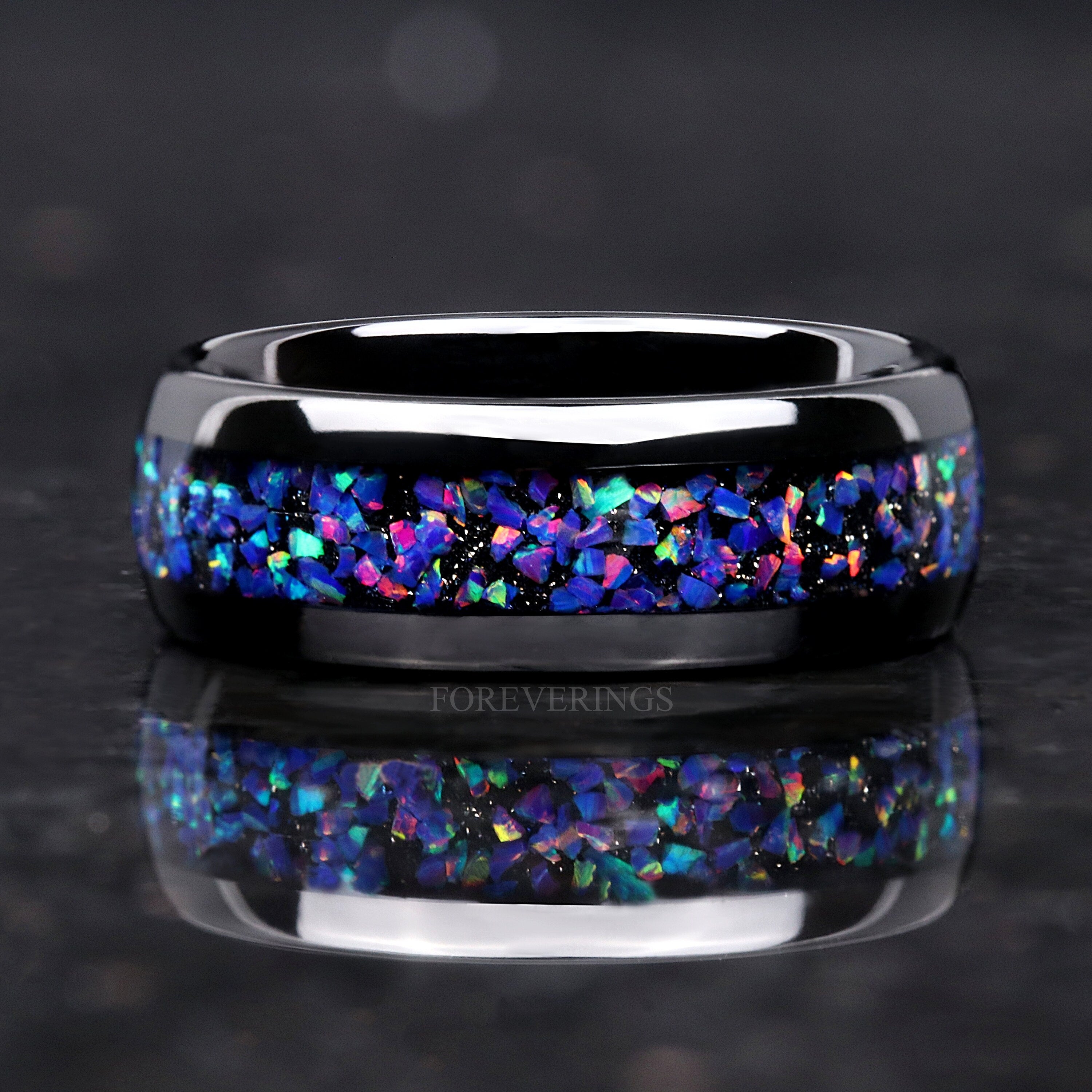 Black Starry Night Van Gogh Opal Ring for Men, 8mm Black Tungsten Wedding Band, Polish, Dome, Comfort Fit, Birthday Anniversary Gift for Him