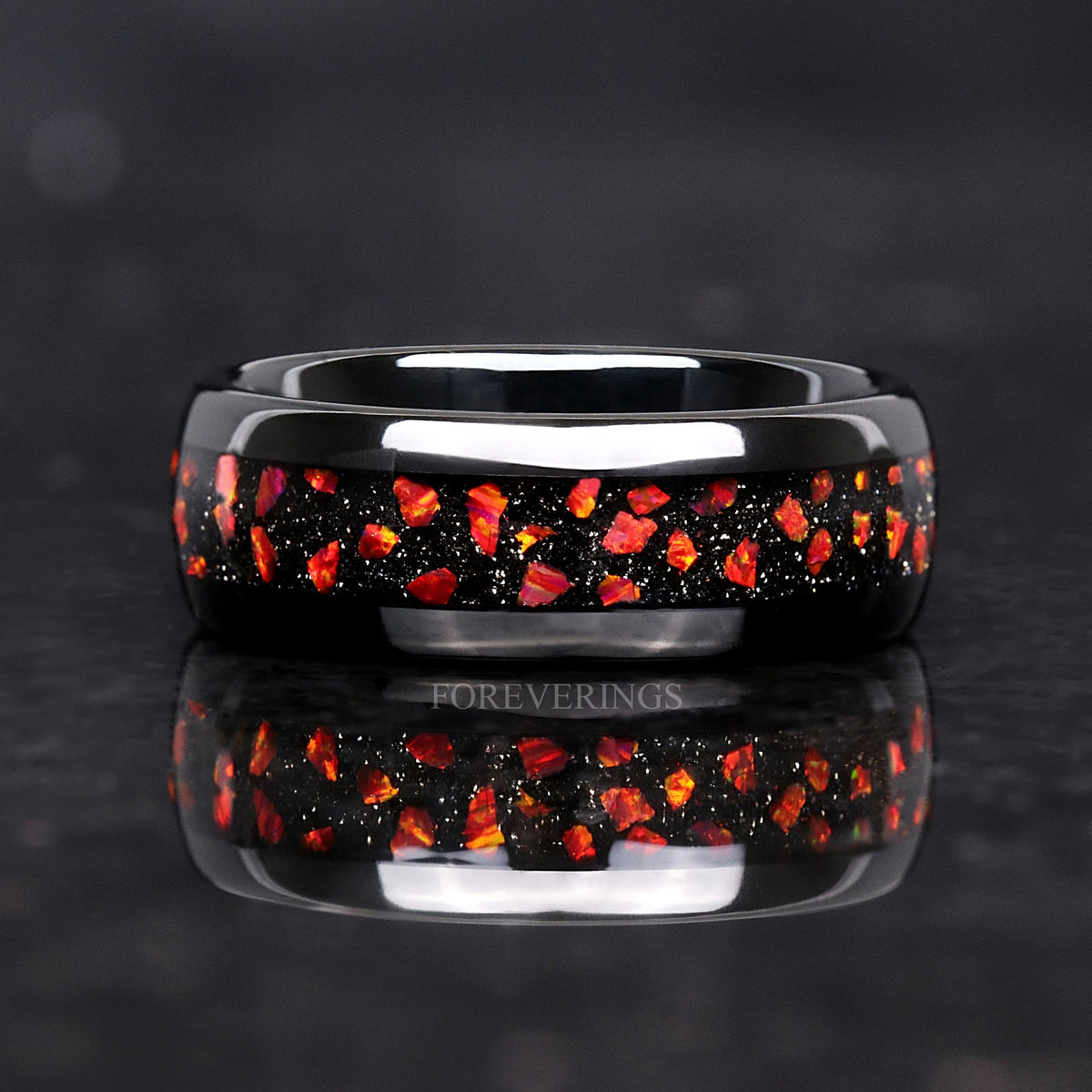Red Fire Opal Mens Wedding Band | 8mm Black Tungsten Ring