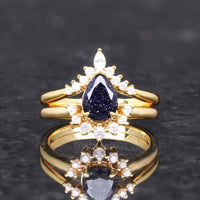 Great Rift Nebula Ring Set, His and Hers Wedding Band, Gold Plated Ring, Space Couples Ring, Gold Tungsten and 925 Silver, Blue Sandstone