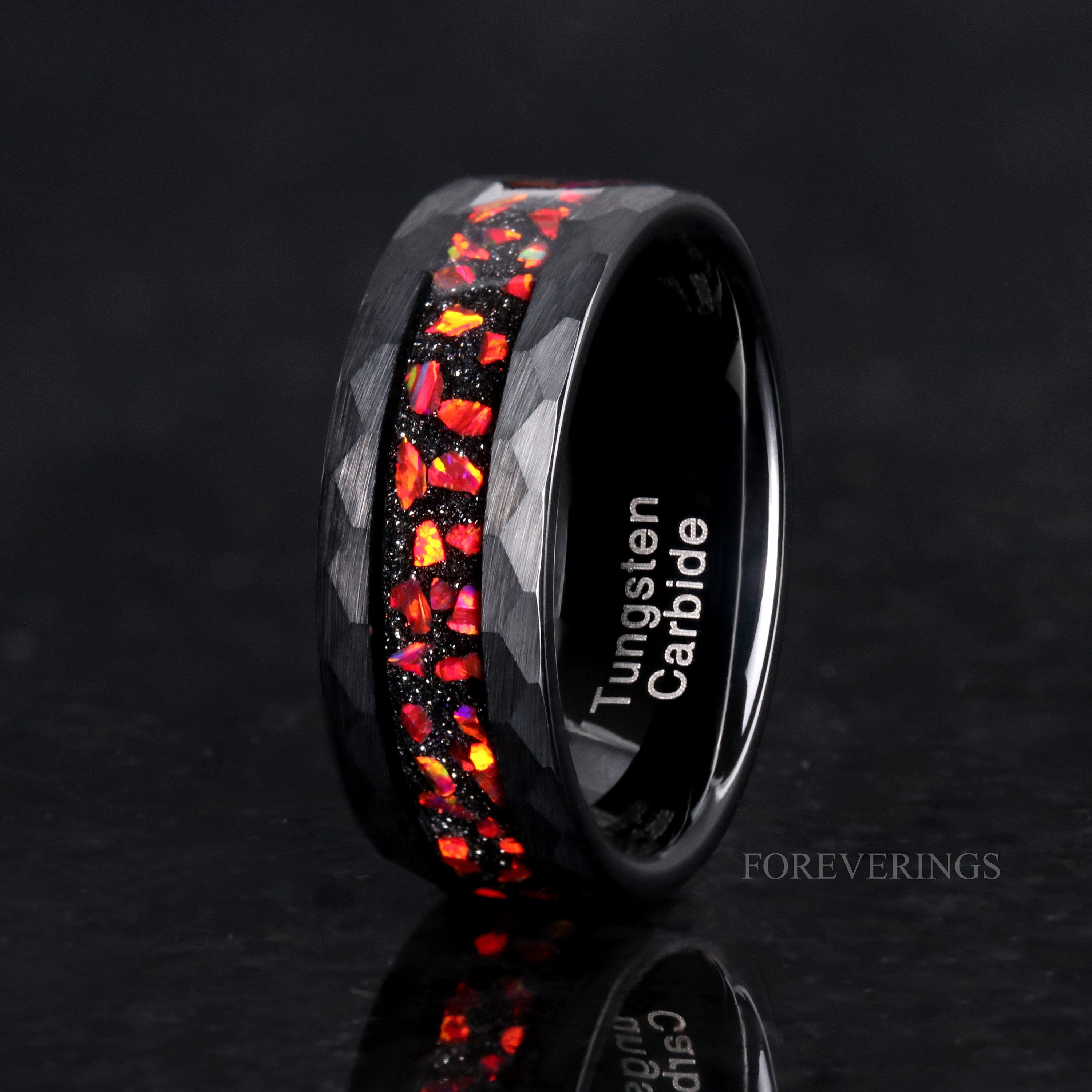 Nebula Opal Ring Men, Red Wedding Band, Personalized Gift, 8mm Black Tungsten Ring, Crushed Red Fire Opal Band, Brushed, Flat, Hammered